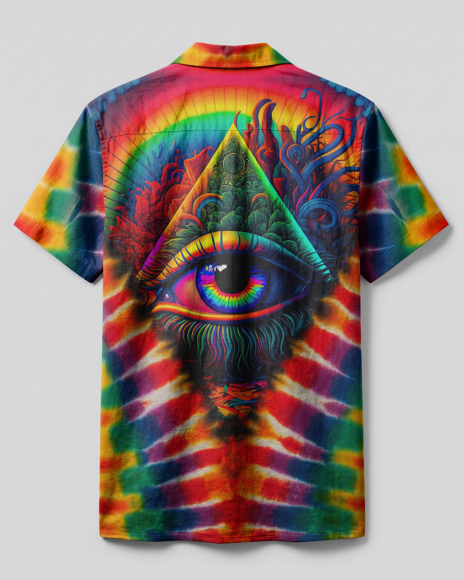 The Eyes Tie Dye Hawaiian Shirt Back angle of the eyes tie dye camp shirt showcasing the colorful tie dye pattern and relaxed fit.