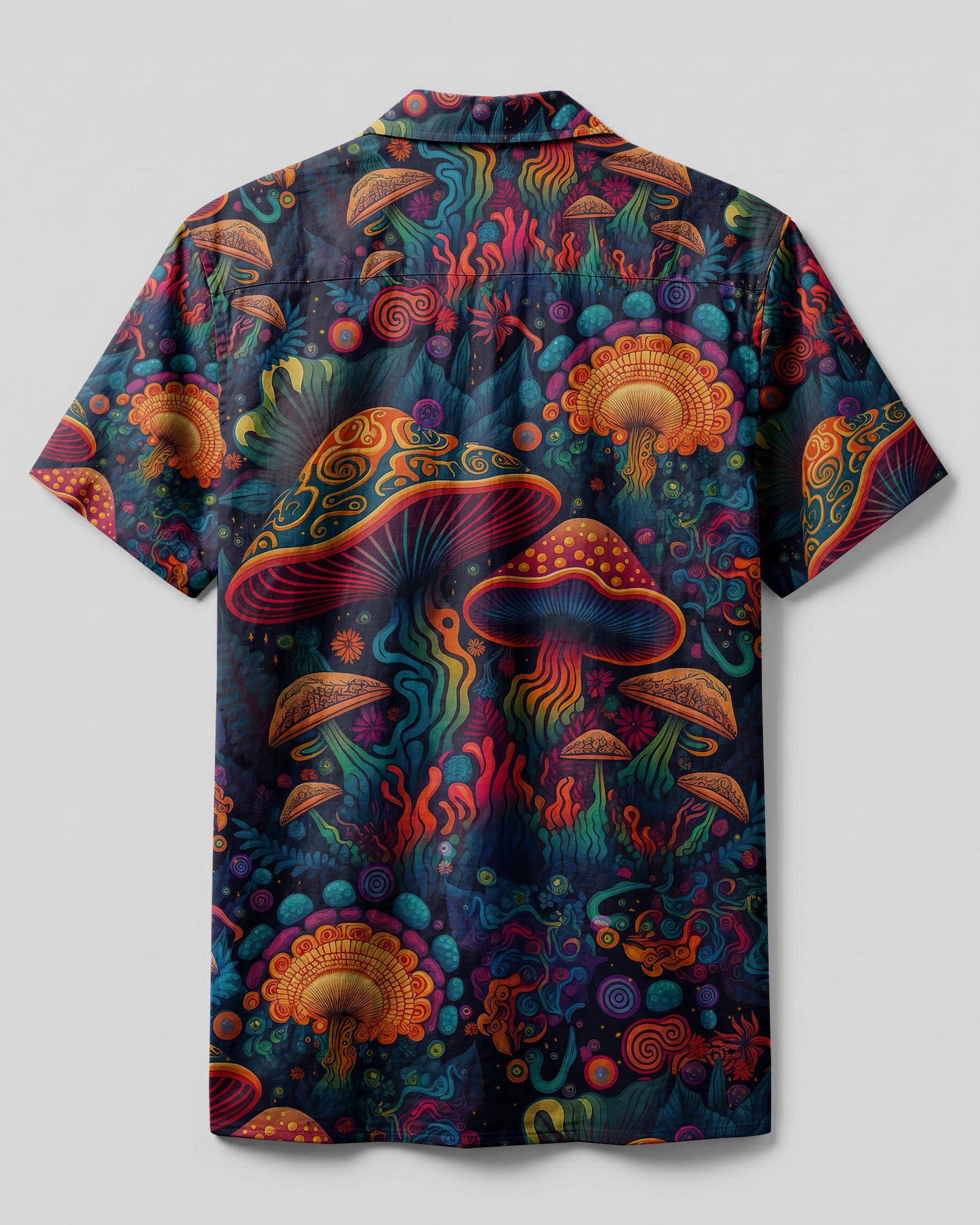 Psychedelic Mushrooms Hawaiian Shirt Close-up detail of the psychedelic mushrooms camp shirt highlighting the artistic mushroom illustrations and vivid colors.