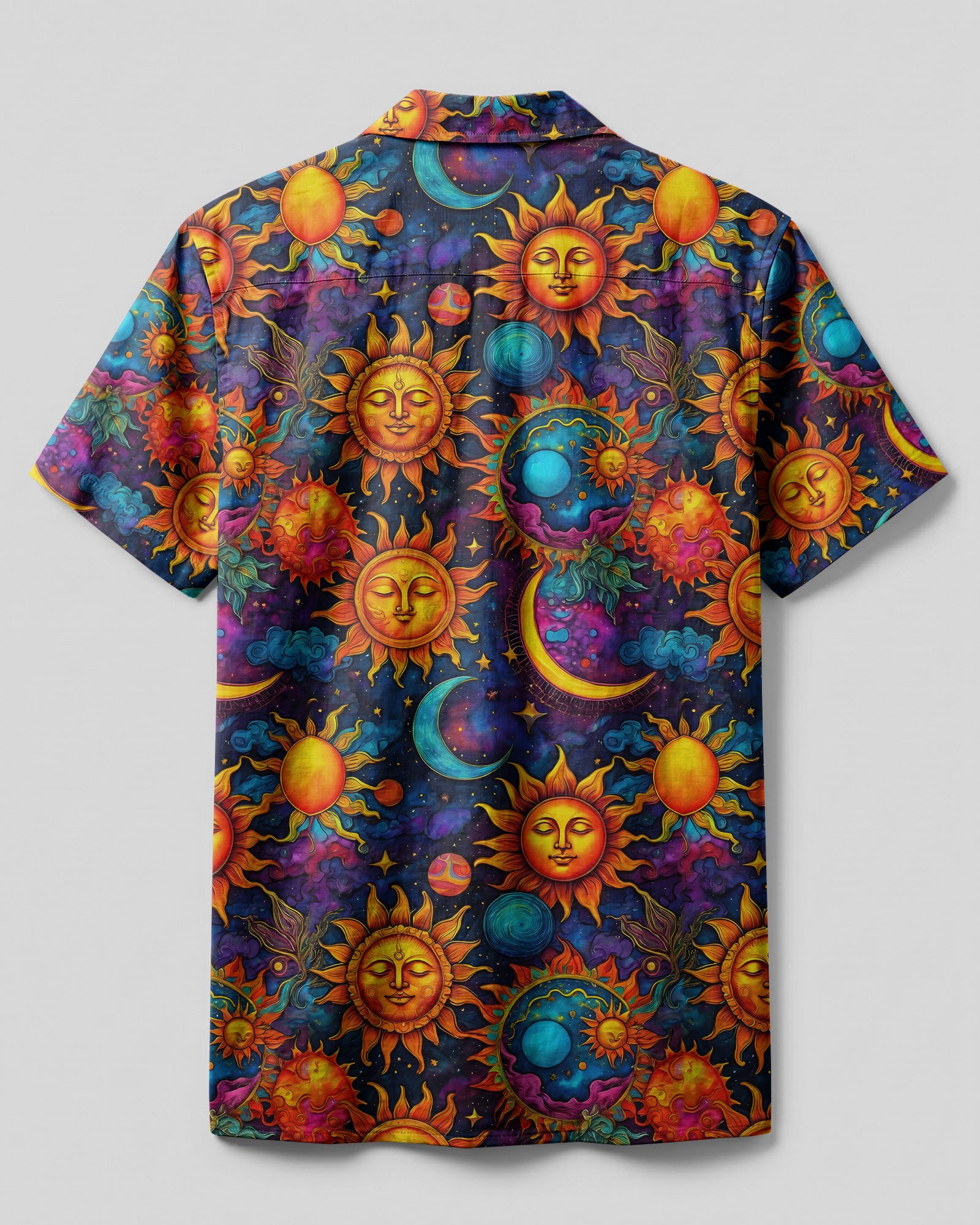 Hippie Sun Moon Stars Camp Shirt Back view of the hippie sun moon stars camp shirt showcasing the intricate sun and moon pattern.