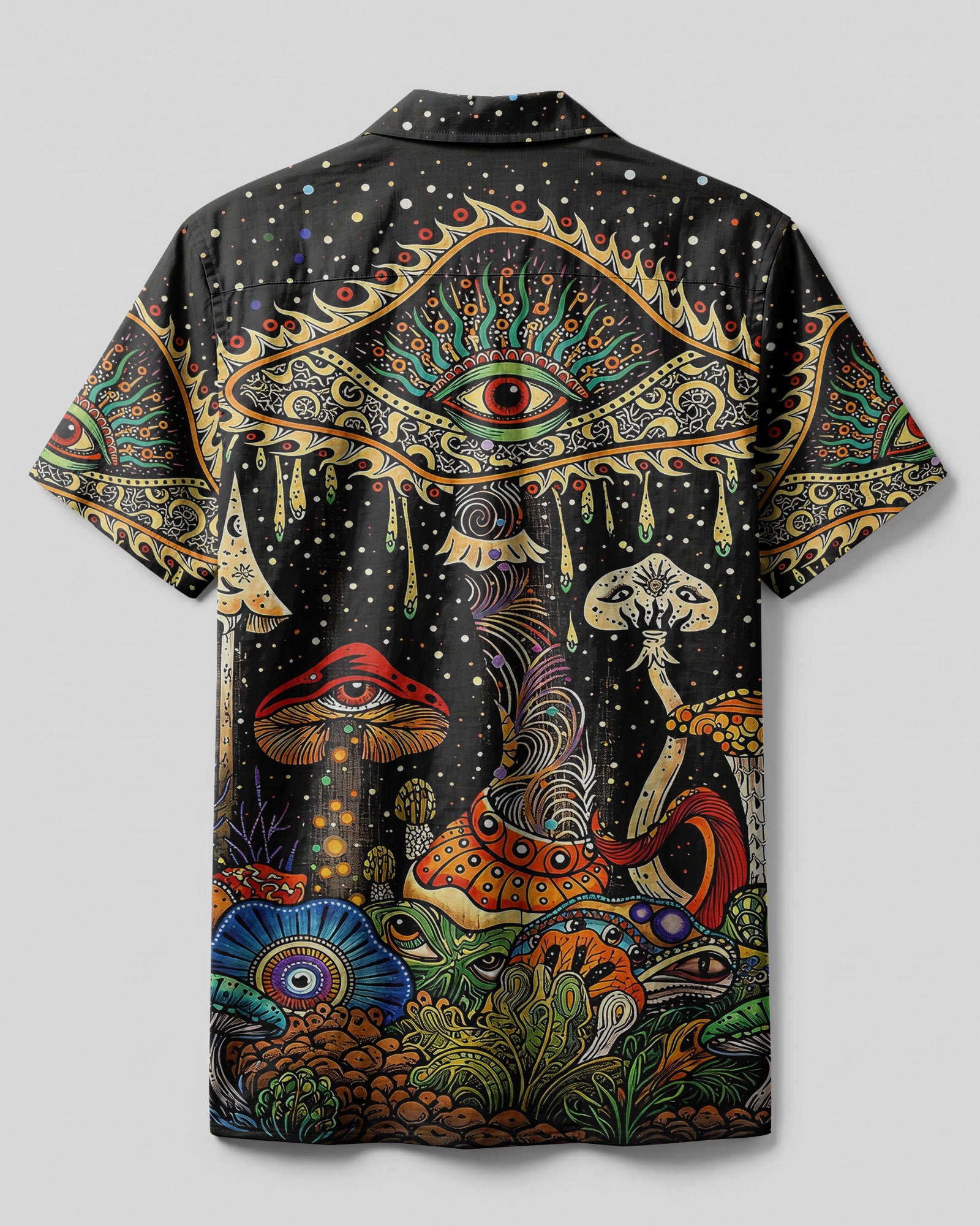 Psychedelic Eyes Mushroom Camp Shirt Back view of the psychedelic eyes mushroom camp shirt showcasing detailed artwork with a black background.