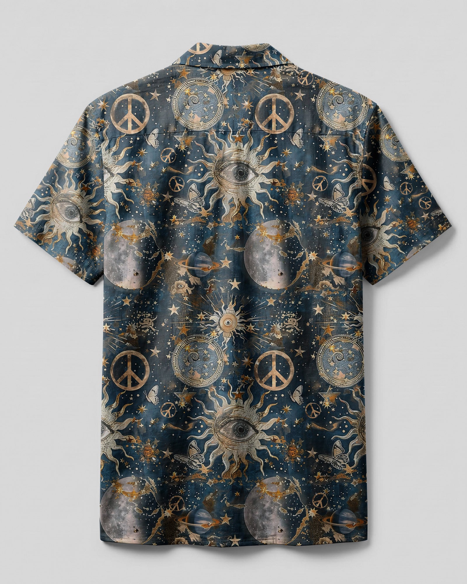 Hippie Sun Moon Stars Galaxy Camp Shirt Close-up detail of the hippie sun moon stars galaxy camp shirt highlighting the unique peace signs and cosmic elements.