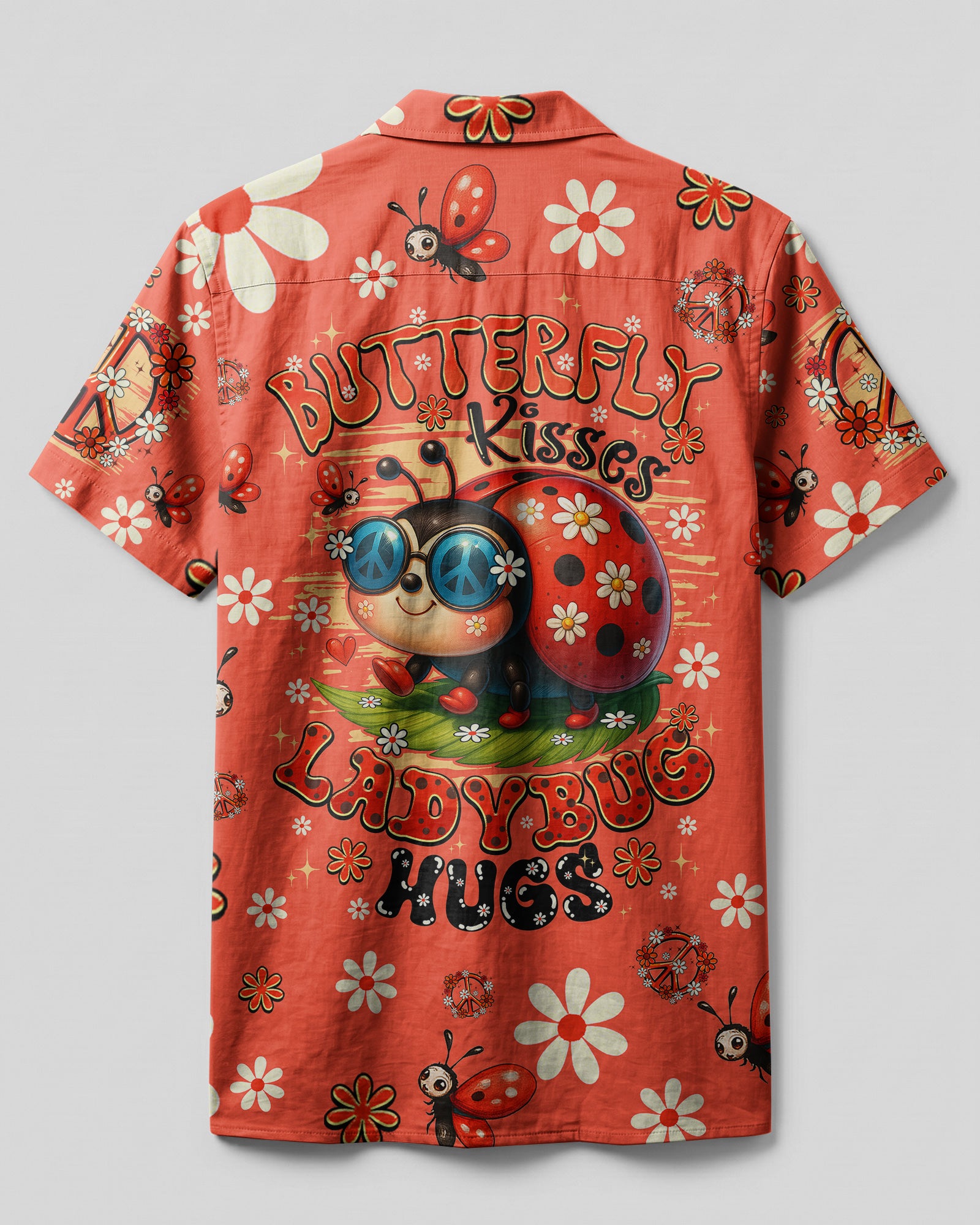 Ladybug Peace Symbol Camp Shirt Back view of the ladybug peace symbol camp shirt, showcasing the colorful peace symbol and playful ladybugs.