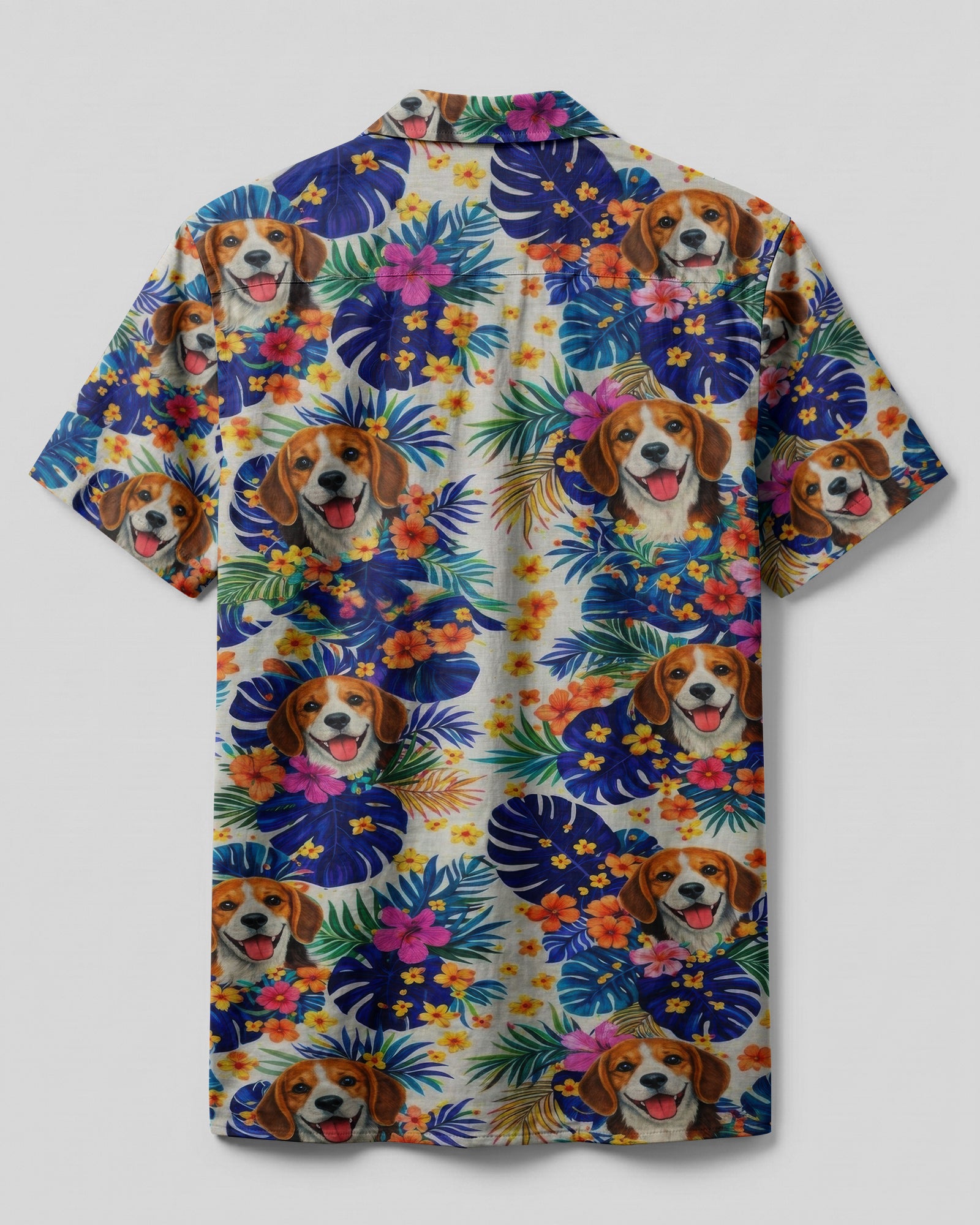 Beagle Tropical Camp Shirt Back view of the beagle tropical camp shirt with colorful tropical designs featuring playful beagles.