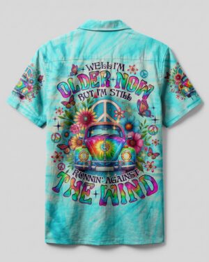 Front view of the running against the wind car tie dye shirt showcasing vibrant colors and floral designs.