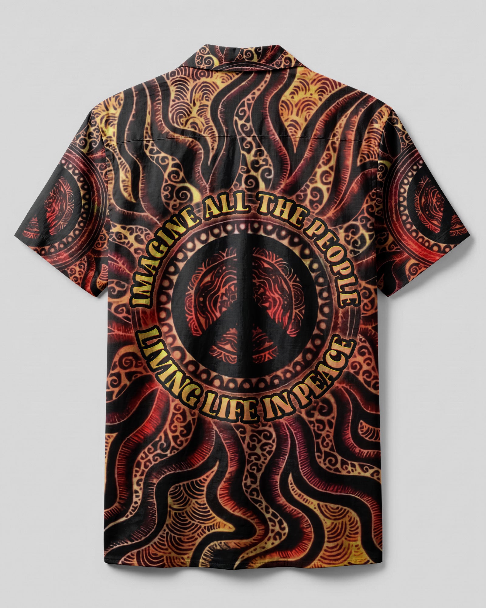 Peace Abstract Camp Shirt | Vibrant Design Back view of the peace abstract camp shirt showcasing intricate designs with a bold peace symbol at the center.