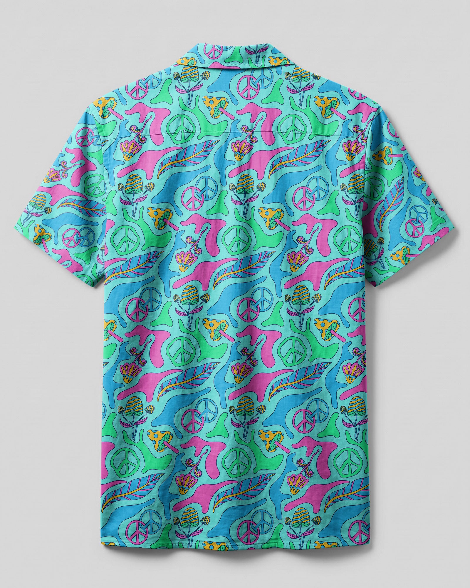 Hippie Ocean Breeze Camp Shirt Back view of the hippie ocean breeze camp shirt showcasing its colorful pattern and relaxed fit.