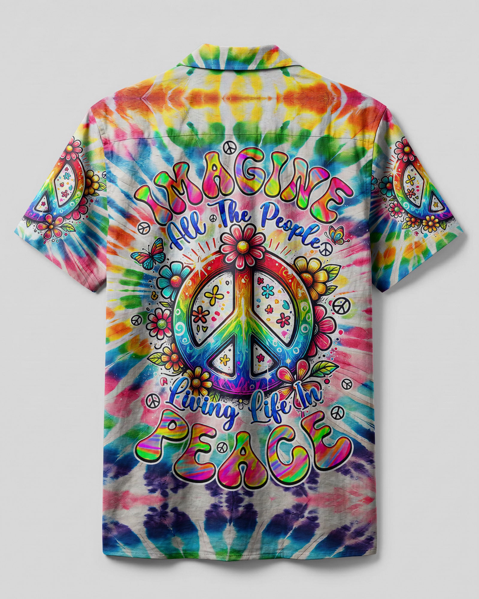 Imagine All The People Tie Dye Camp Shirt Back view of the Imagine All The People camp shirt showcasing the full tie-dye pattern and artistic floral details.