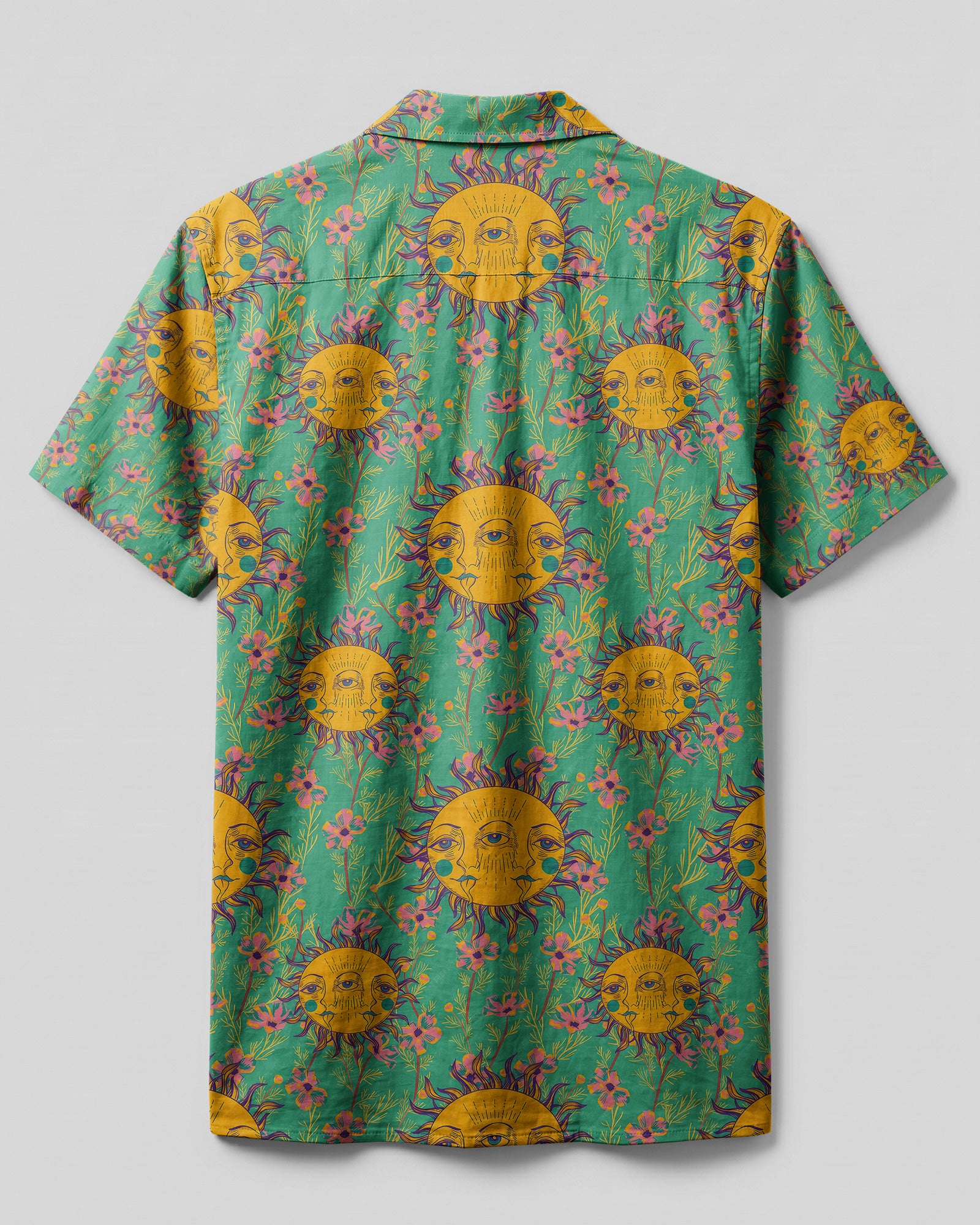 Sunshine Hippie Camp Shirt Back view of the sunshine hippie camp shirt showcasing a whimsical sun design with a relaxed fit.