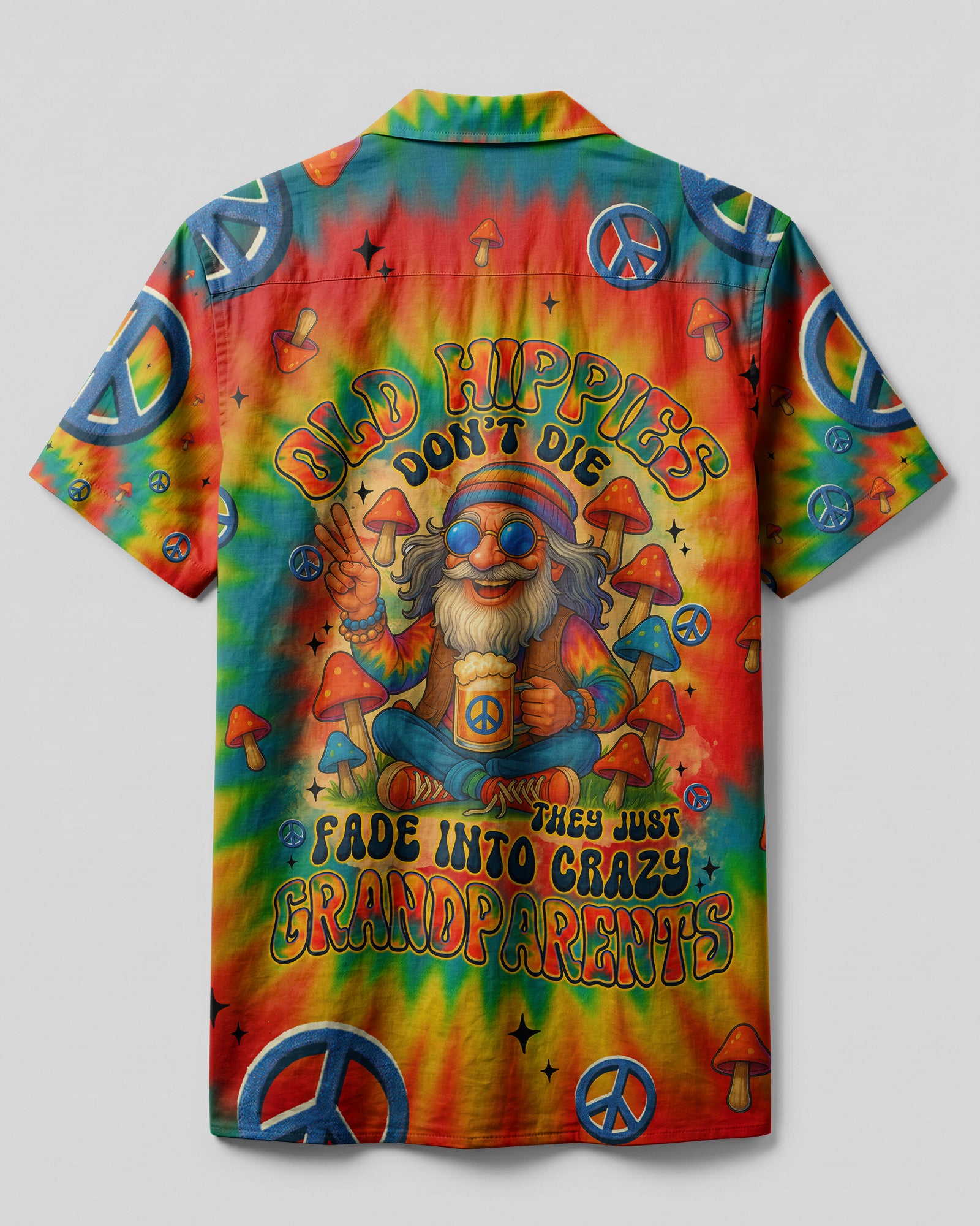 Old Hippies Tie Dye Camp Shirt Back view of the old hippies tie dye camp shirt showcasing colorful mushroom graphics and a playful tie dye pattern.