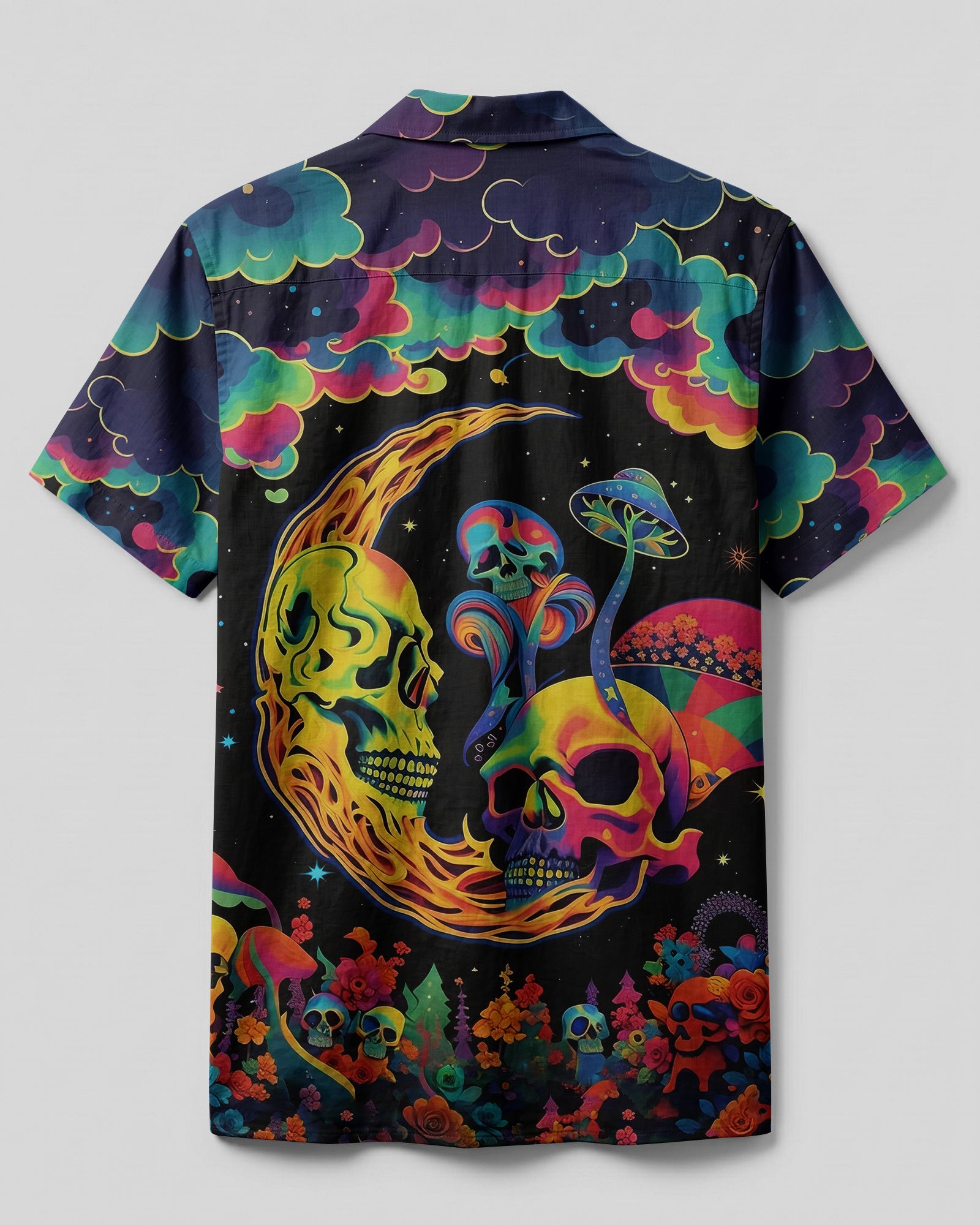 Psychedelic Eyes Mushroom Camp Shirt Back view of the psychedelic eyes mushroom camp shirt showcasing a colorful mushroom print against a dark background.