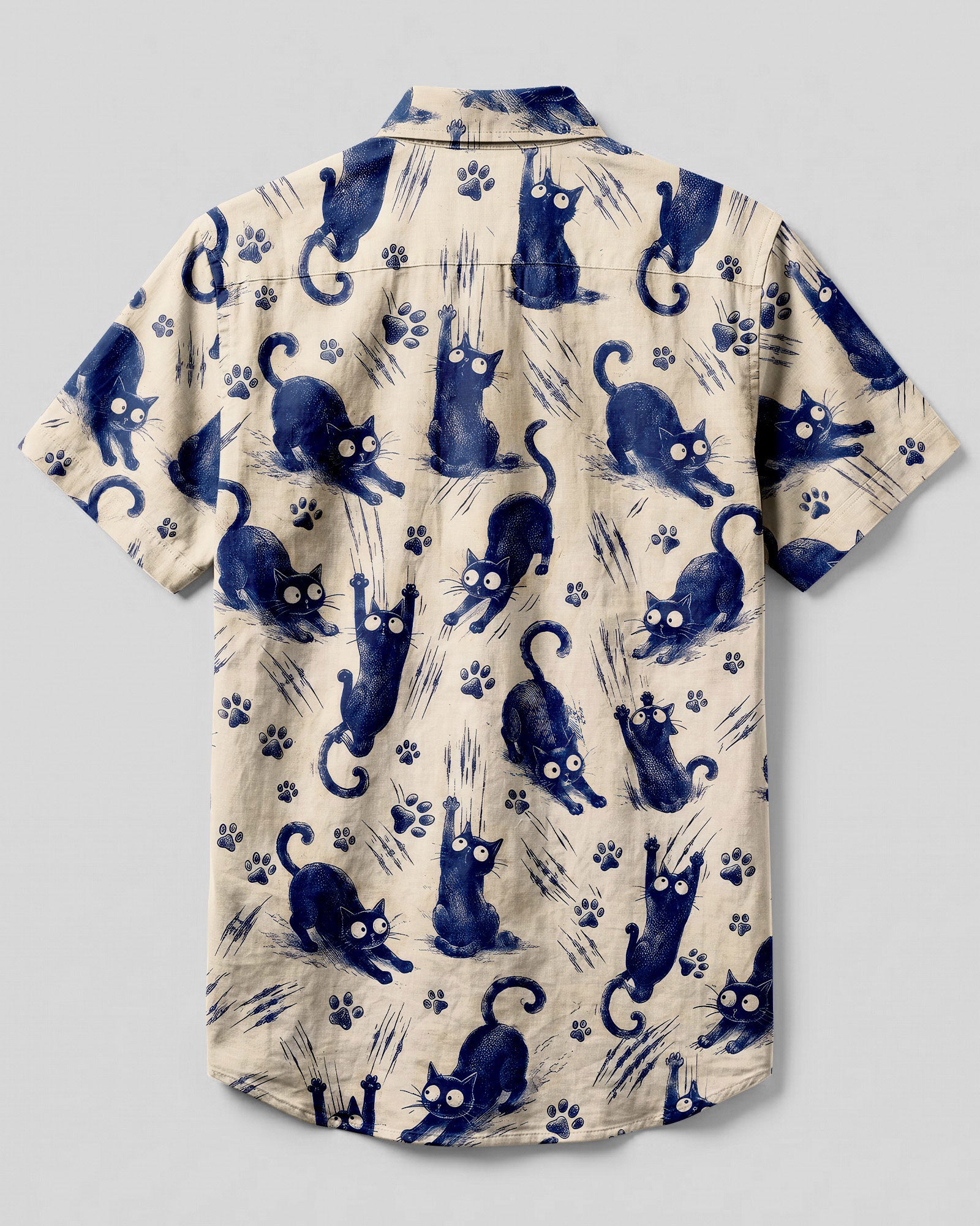 Funny Playful Cat Button-Down Collar Shirt Back view of the funny playful cat button-down shirt showcasing the playful cat pattern and button details.
