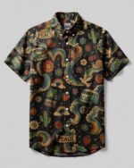 Front view of the peace love rainbow trails shirt showcasing vibrant designs and a button-down collar.