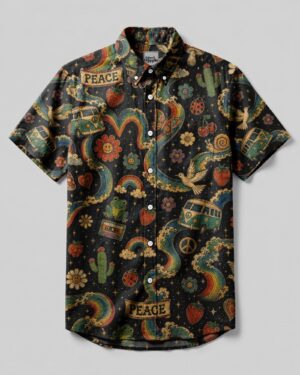 Front view of the peace love rainbow trails shirt showcasing vibrant designs and a button-down collar.