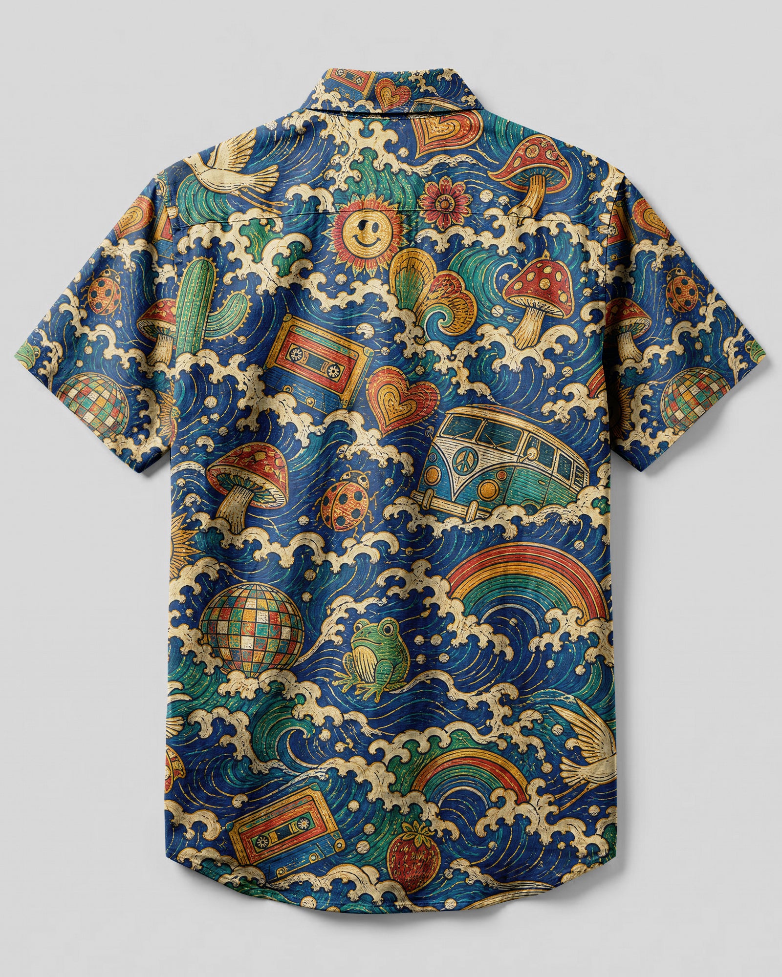 Peace Love Good Vibes Pattern Button-Down Shirt Close-up detail of the peace love good vibes pattern shirt highlighting unique designs like rainbows and smiley faces.