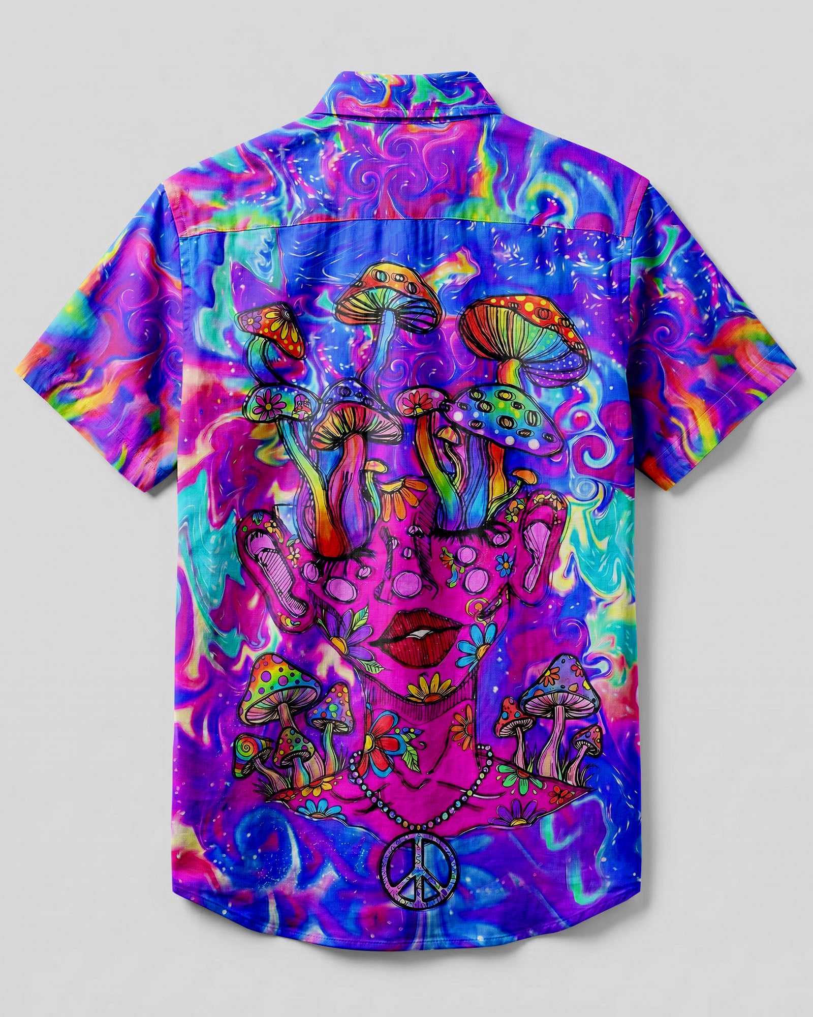 Psychedelic Mushroom Goddess Button-Down Collar Shirt Back view of the psychedelic mushroom goddess shirt showcasing a colorful abstract pattern with a mystical vibe.
