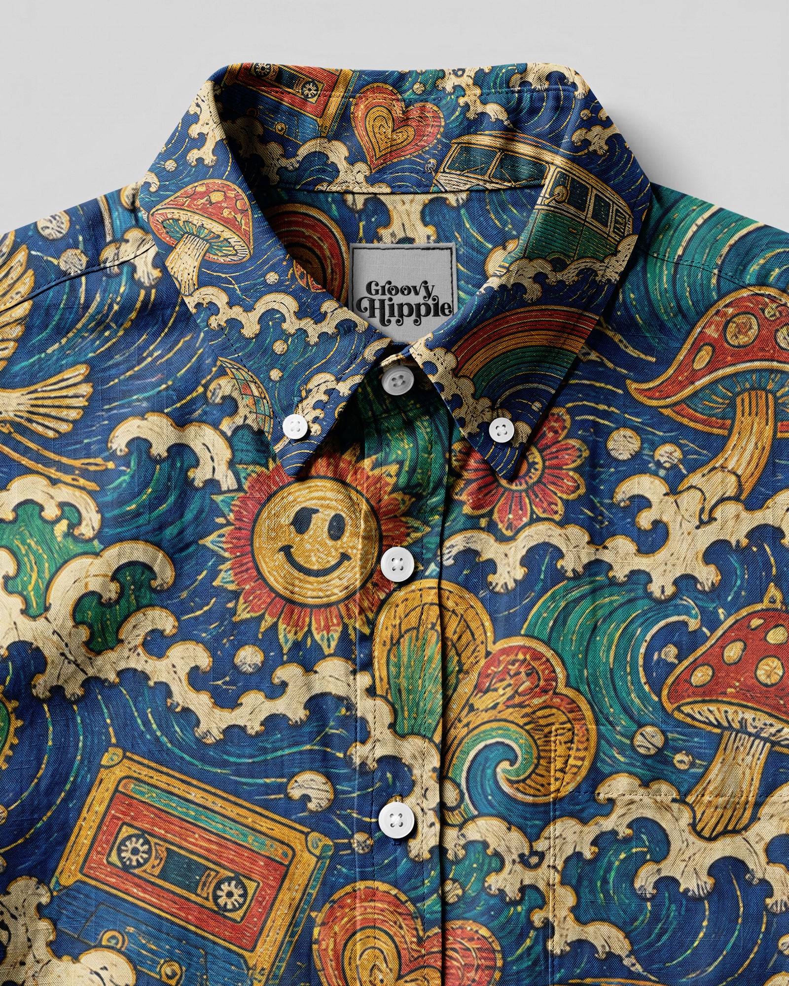 Peace Love Good Vibes Pattern Button-Down Shirt Back view of the peace love good vibes pattern shirt showcasing its colorful print and button-down collar.