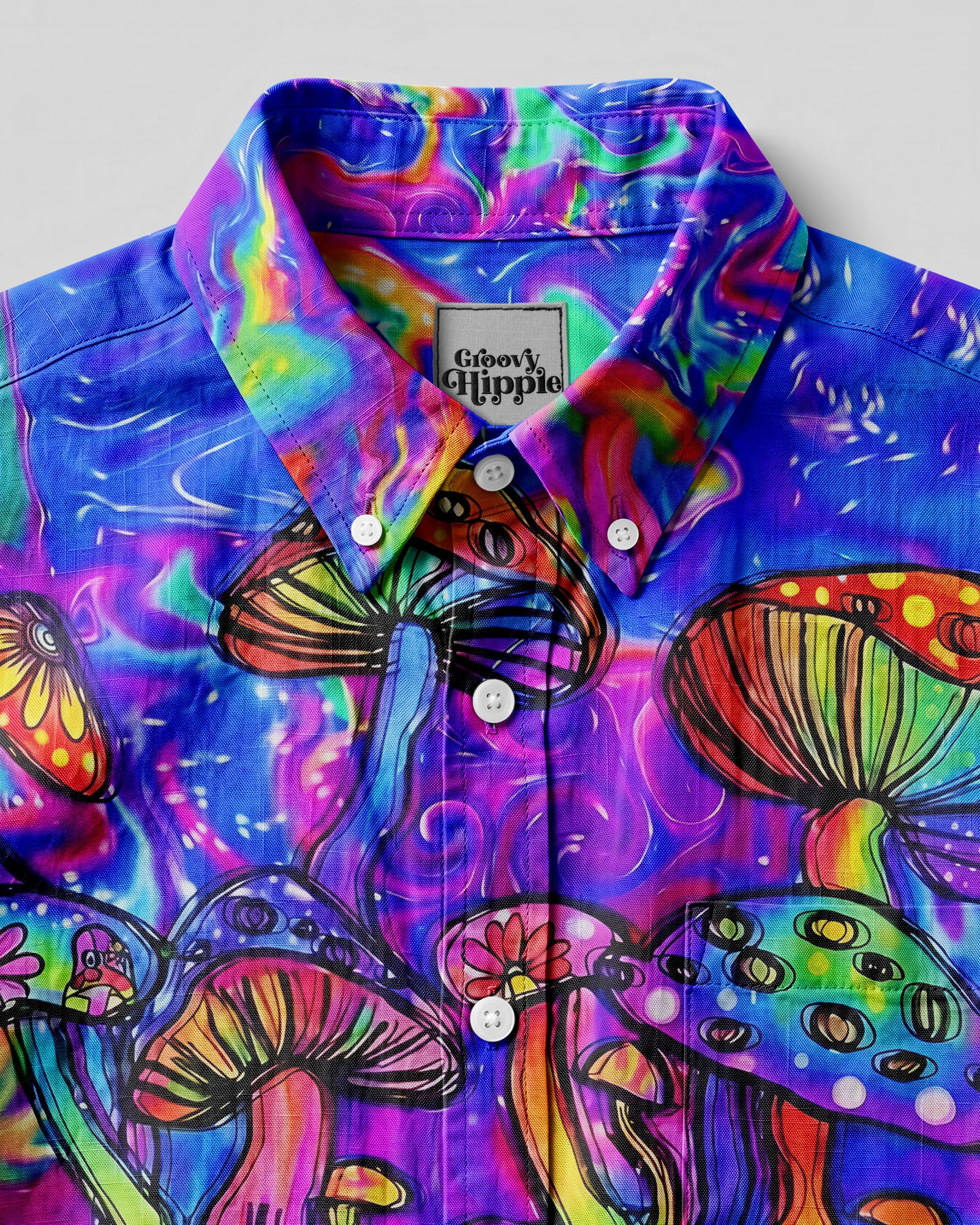 Psychedelic Mushroom Goddess Button-Down Collar Shirt Close-up detail of the psychedelic mushroom goddess shirt highlighting the vivid colors and artistic mushroom illustrations.