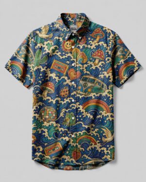 Front view of the peace love good vibes pattern shirt featuring vibrant colors and whimsical designs.