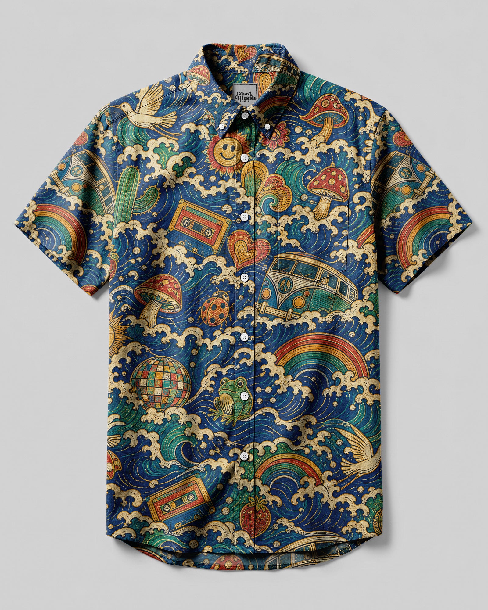 Peace Love Good Vibes Pattern Button-Down Shirt Front view of the peace love good vibes pattern shirt featuring vibrant colors and whimsical designs.