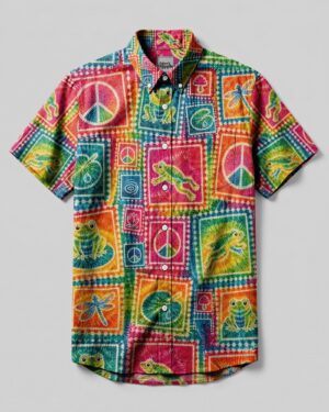 Frog Peace Patchwork Button-Down Collar Shirt