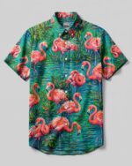 Front view of the flamingo art pattern button-down shirt showcasing vibrant pink flamingos on a green background.