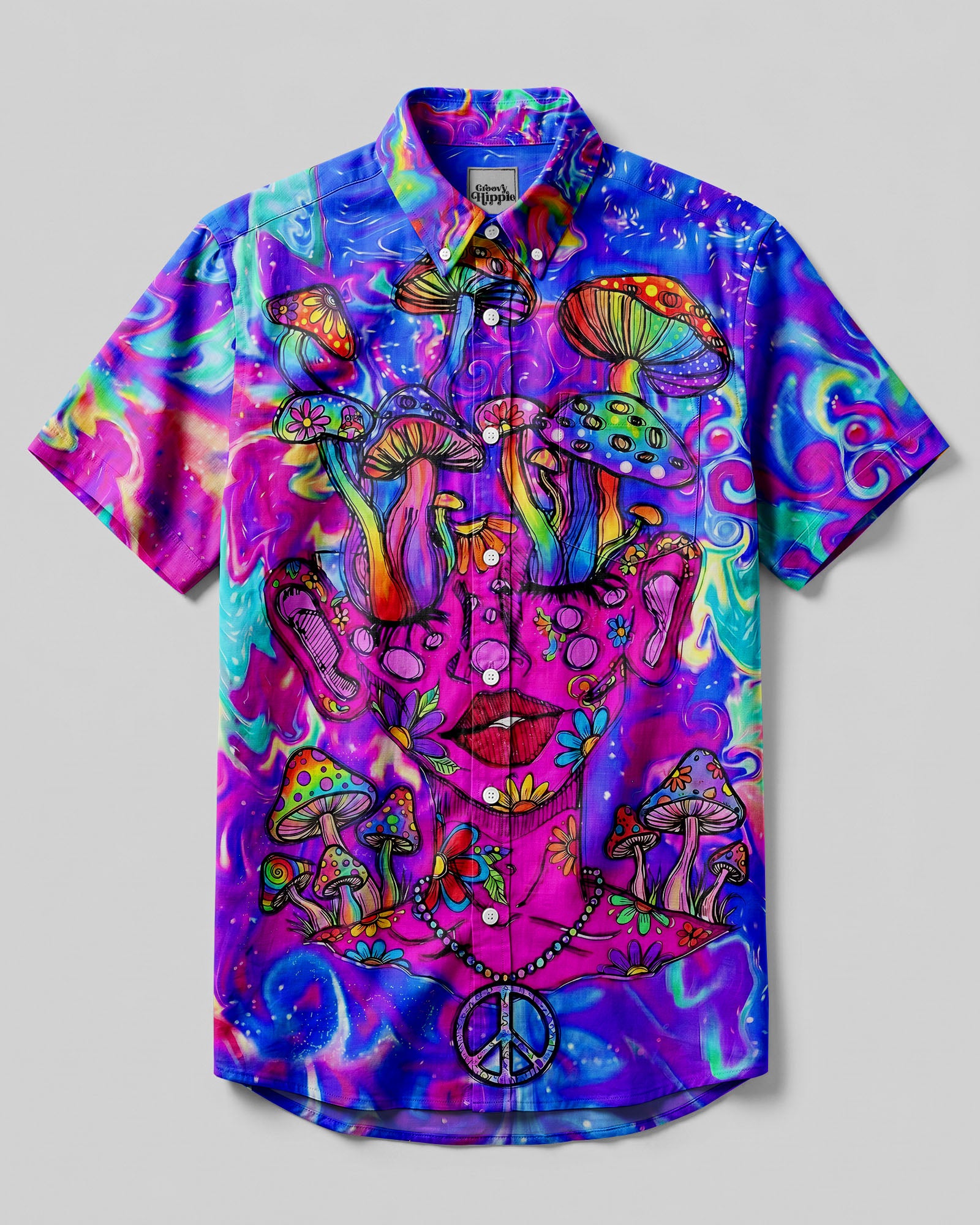Psychedelic Mushroom Goddess Button-Down Collar Shirt Front view of the psychedelic mushroom goddess shirt featuring vibrant colors and intricate mushroom designs.