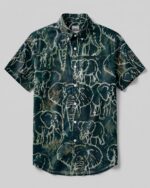 Front view of the elephant pattern button-down collar shirt featuring a dark background and intricate elephant designs.