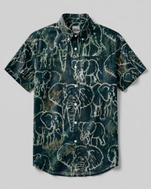 Front view of the elephant pattern button-down collar shirt featuring a dark background and intricate elephant designs.