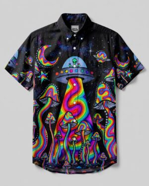 Front view of the psychedelic ufo mushroom shirt with vibrant colors and detailed alien graphics.