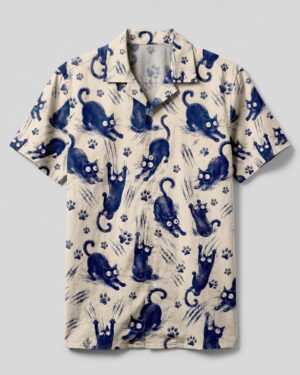 Front view of the playful cat camp shirt featuring a navy cat print on a beige background.