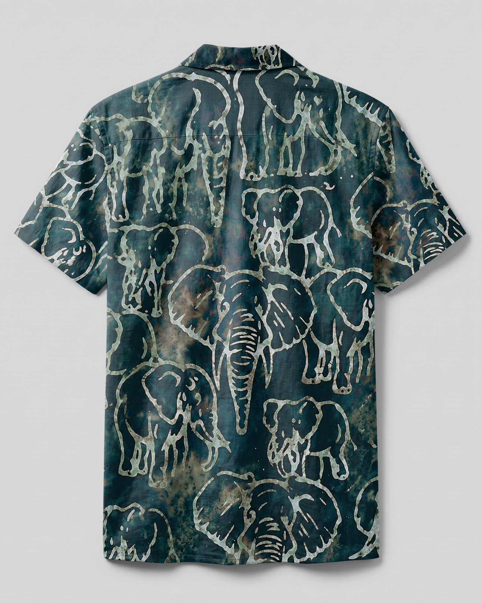 Elephant Pattern Camp Shirt Back view of the elephant pattern camp shirt showcasing a vibrant design with playful elephants on a dark backdrop.