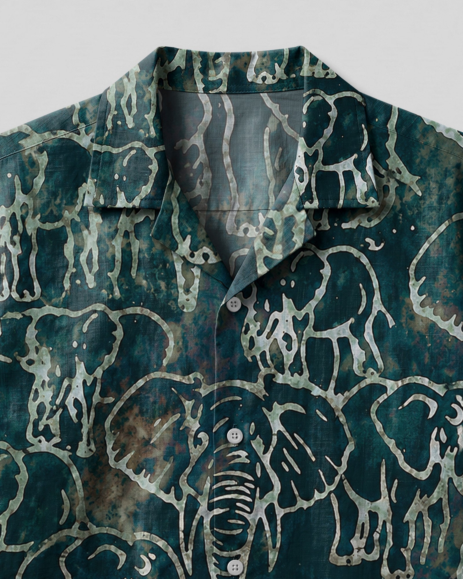 Elephant Pattern Camp Shirt Close-up detail of the elephant pattern camp shirt highlighting the unique elephant motifs and soft fabric texture.