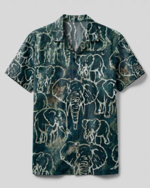 Front view of the elephant pattern camp shirt featuring a teal background with intricate elephant designs.
