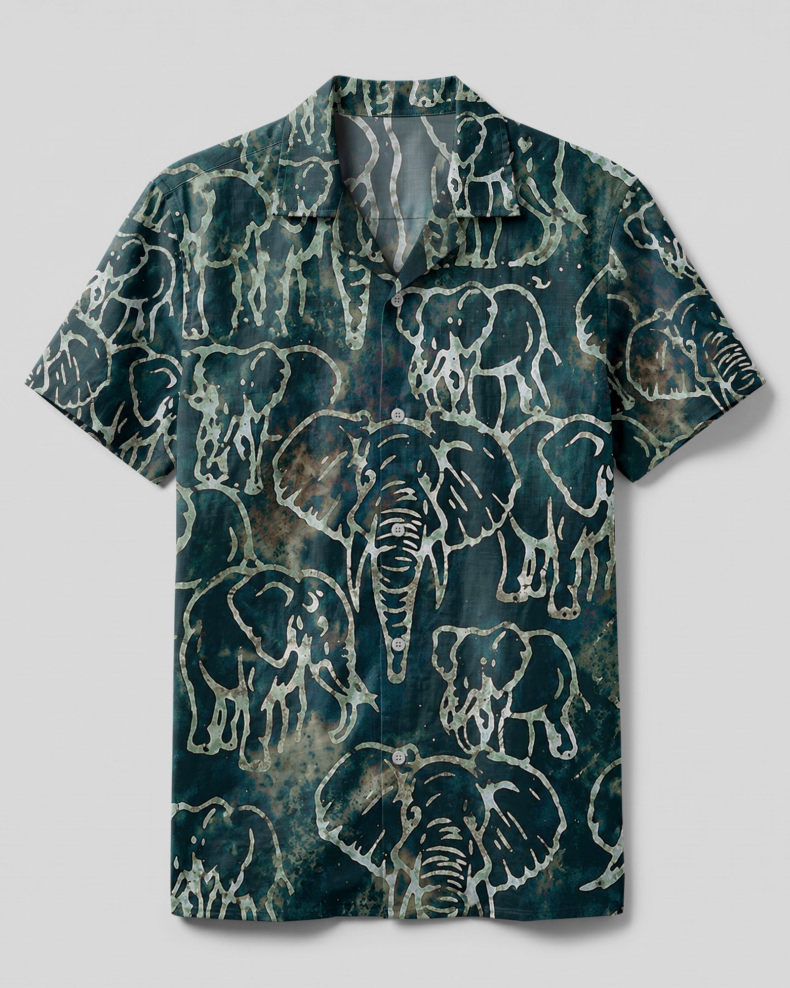 Elephant Pattern Camp Shirt Front view of the elephant pattern camp shirt featuring a teal background with intricate elephant designs.