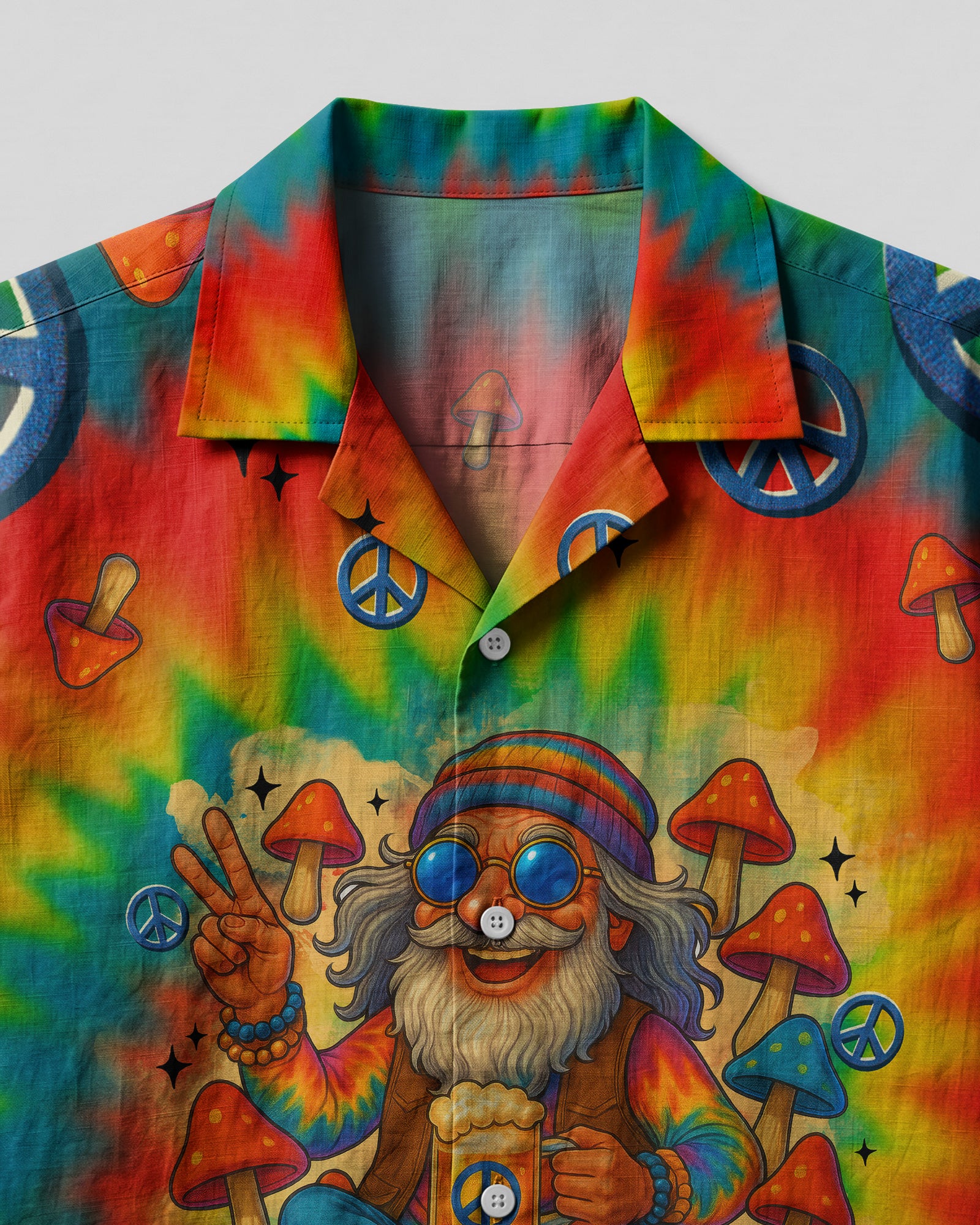 Old Hippies Tie Dye Camp Shirt Close-up detail of the old hippies tie dye camp shirt, highlighting intricate designs and vibrant colors in the fabric.