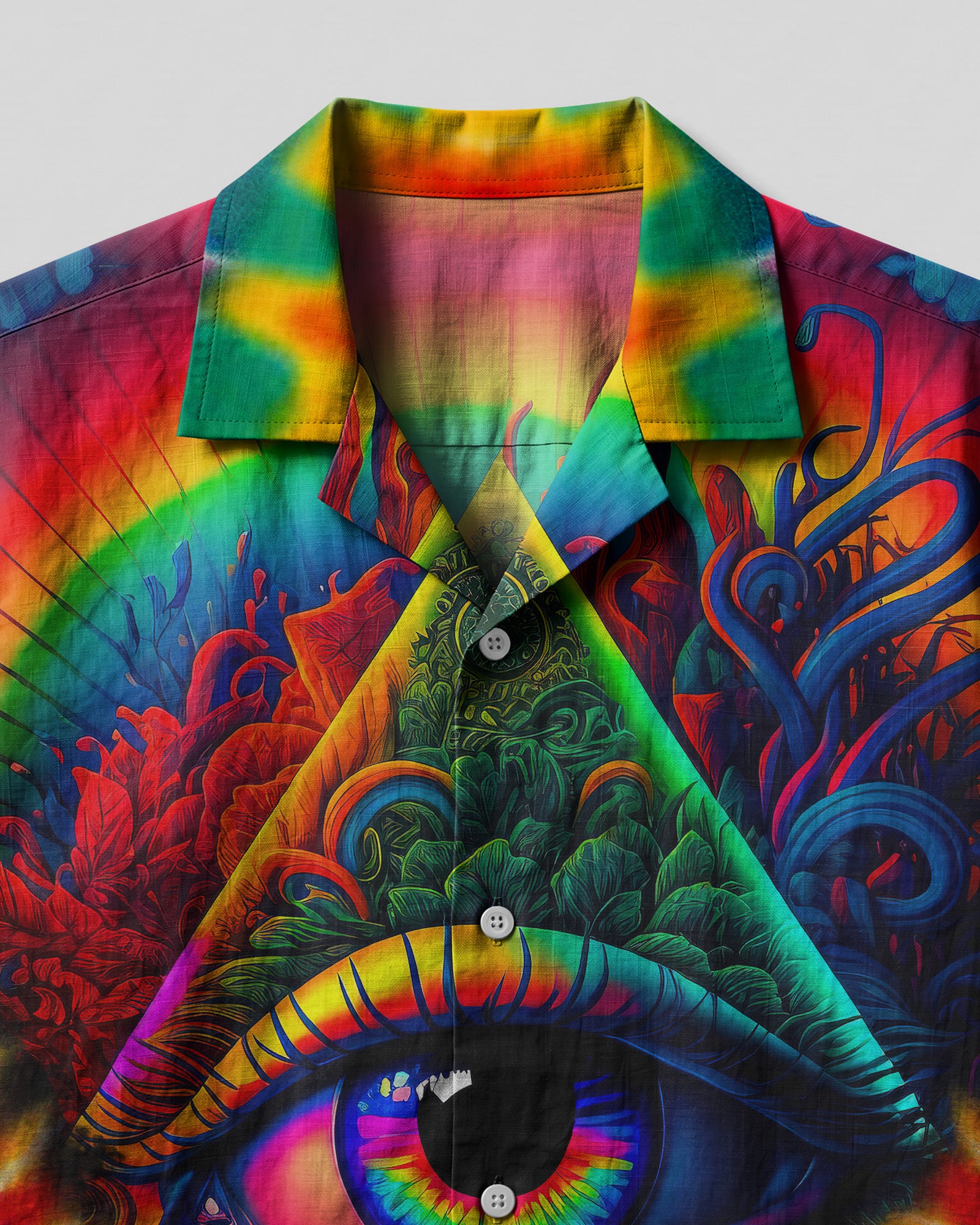 The Eyes Tie Dye Hawaiian Shirt Close-up detail of the eyes tie dye camp shirt highlighting the intricate eye artwork and fabric texture.