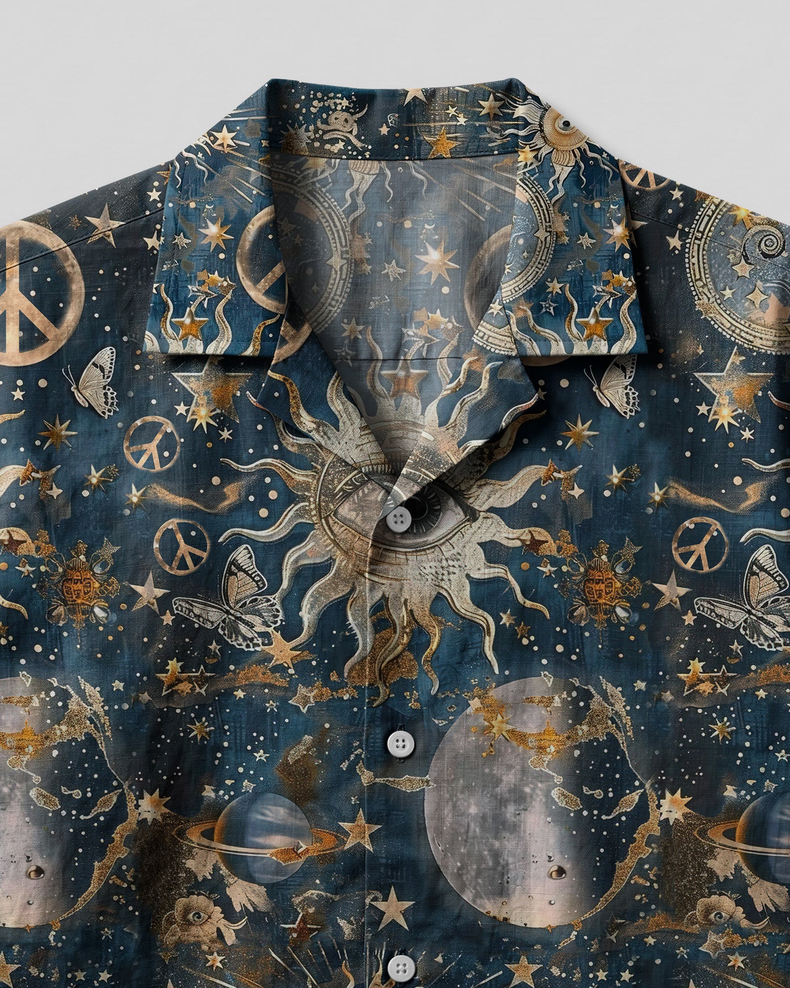 Hippie Sun Moon Stars Galaxy Camp Shirt Back view of the hippie sun moon stars galaxy camp shirt showcasing the intricate sun and moon patterns across the fabric.