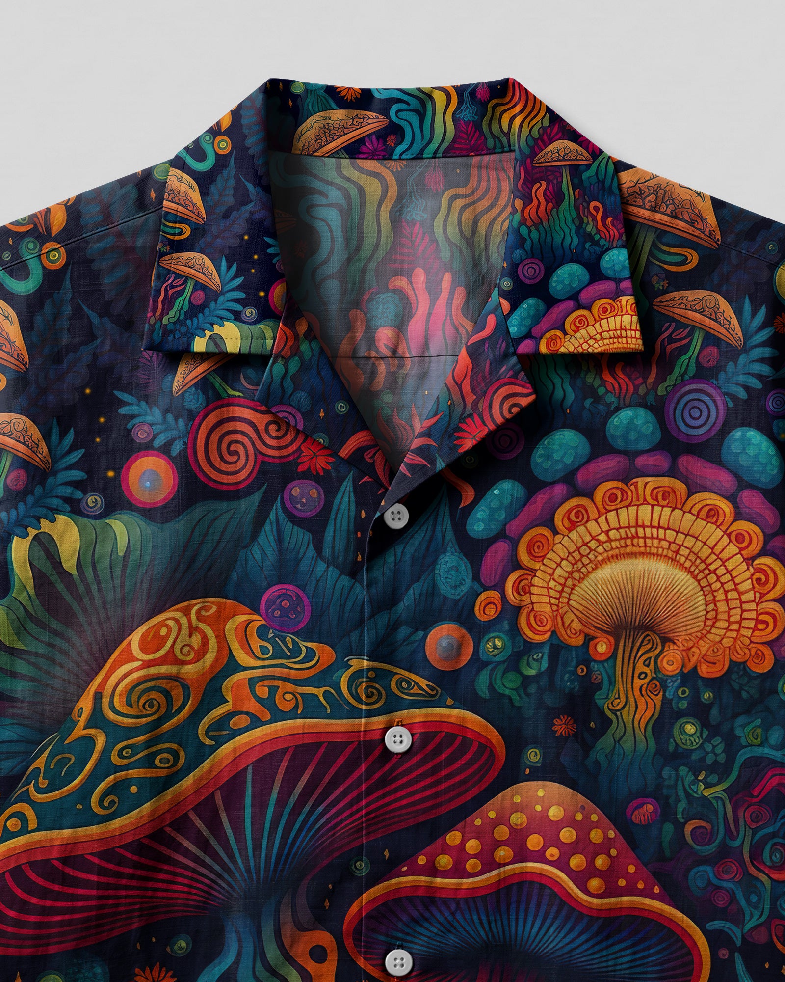 Psychedelic Mushrooms Hawaiian Shirt Lifestyle shot of a person wearing the psychedelic mushrooms camp shirt outdoors, surrounded by nature and colorful scenery.