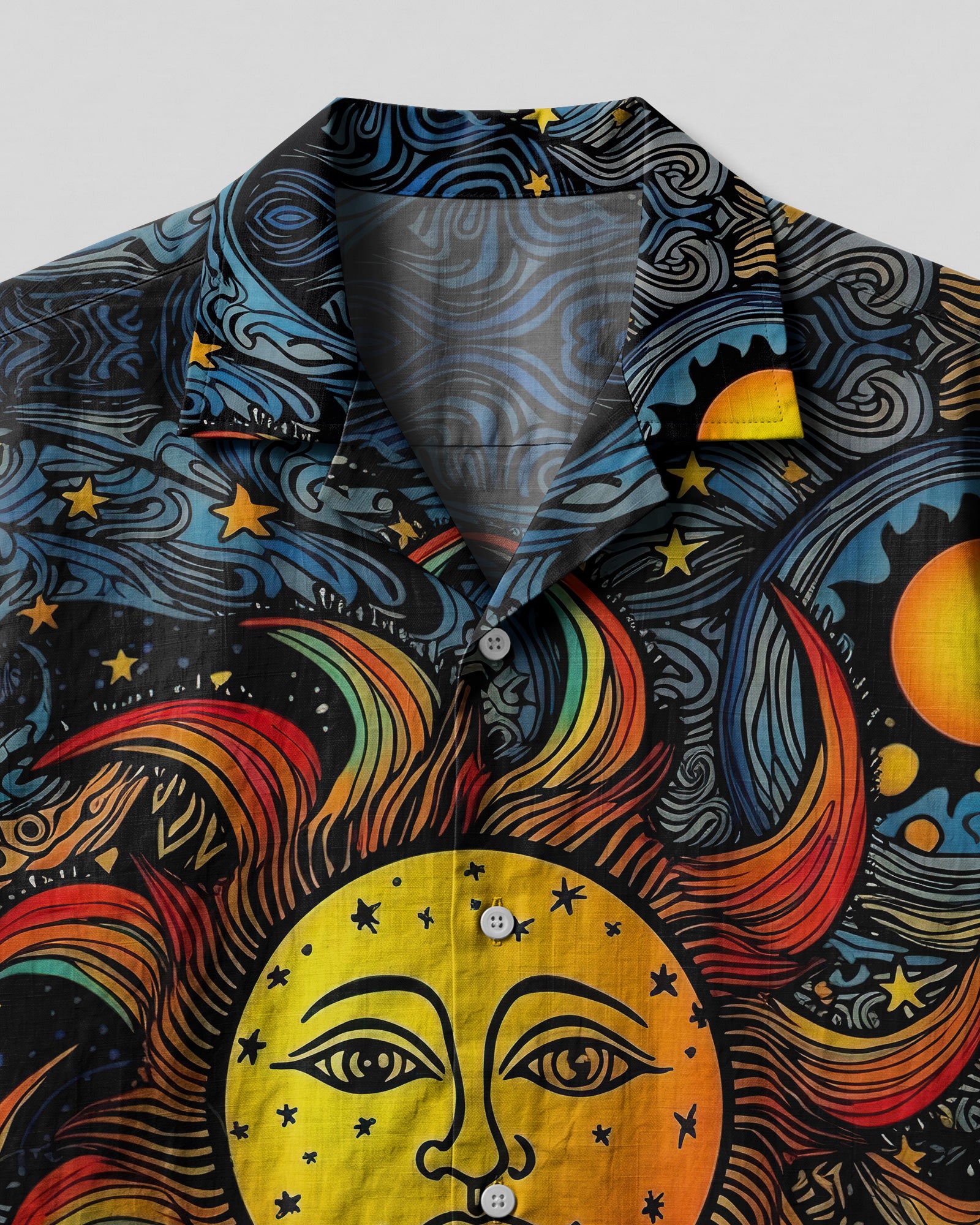 Sun and Moon Camp Shirt Back view of the sun and moon camp shirt showcasing intricate celestial designs and colorful artistry.
