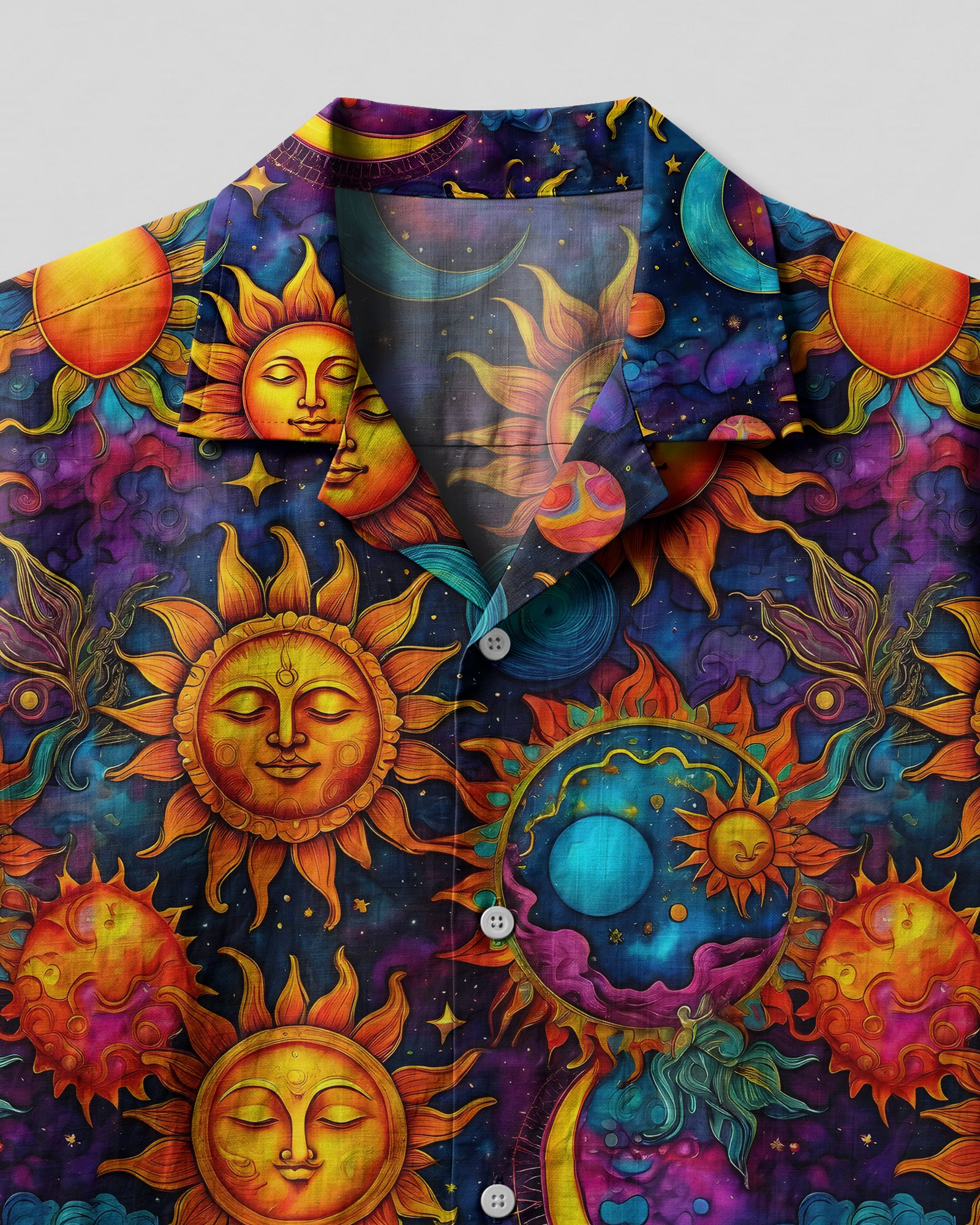 Hippie Sun Moon Stars Camp Shirt Close-up detail of the hippie sun moon stars camp shirt highlighting the rich colors and artistic graphics.