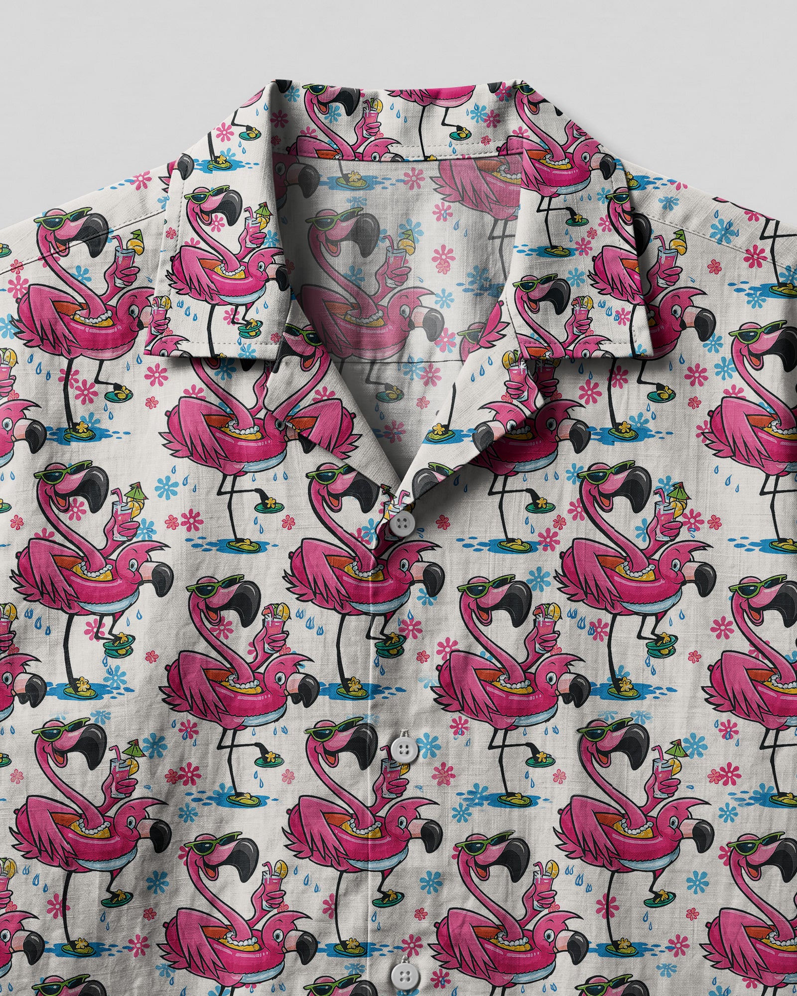 Flamingo Pretty Hawaiian Shirt Detailed close-up of the flamingo pretty camp shirt's fabric, highlighting the colorful flamingo illustrations and button det