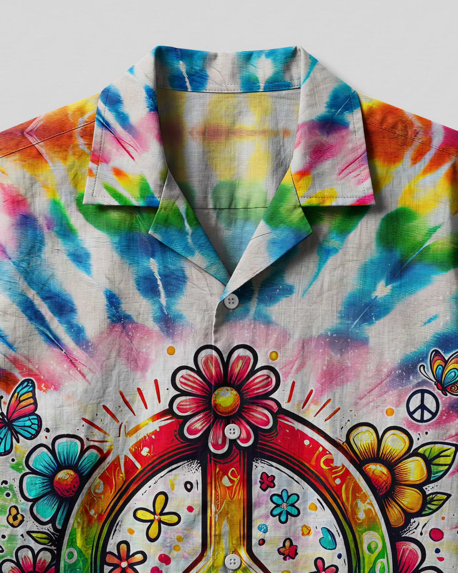 Imagine All The People Tie Dye Camp Shirt Close-up detail of the Imagine All The People camp shirt highlighting the intricate peace sign and flower graphics.