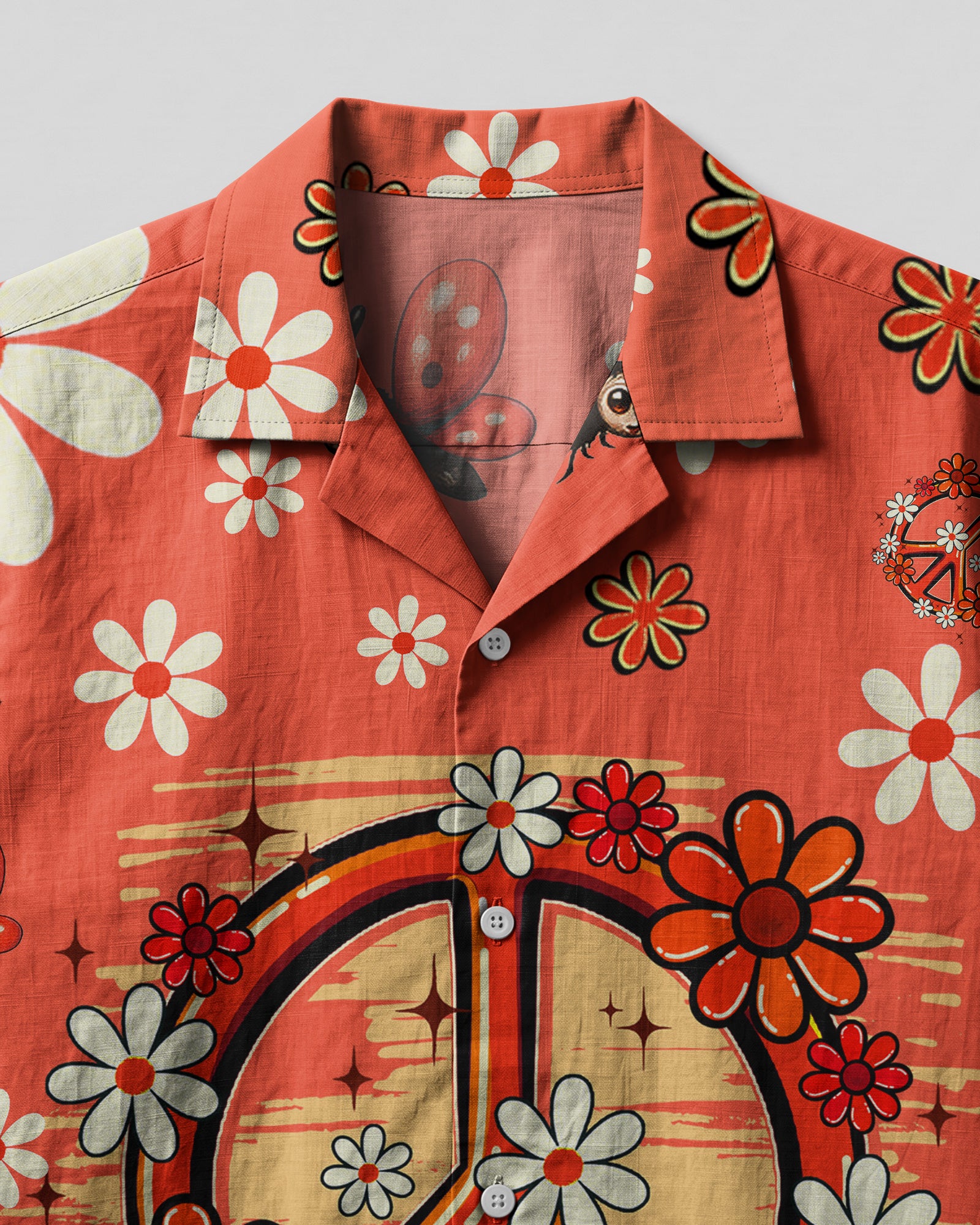 Ladybug Peace Symbol Camp Shirt Close-up detail of the ladybug peace symbol camp shirt, highlighting the intricate flower patterns and unique designs.