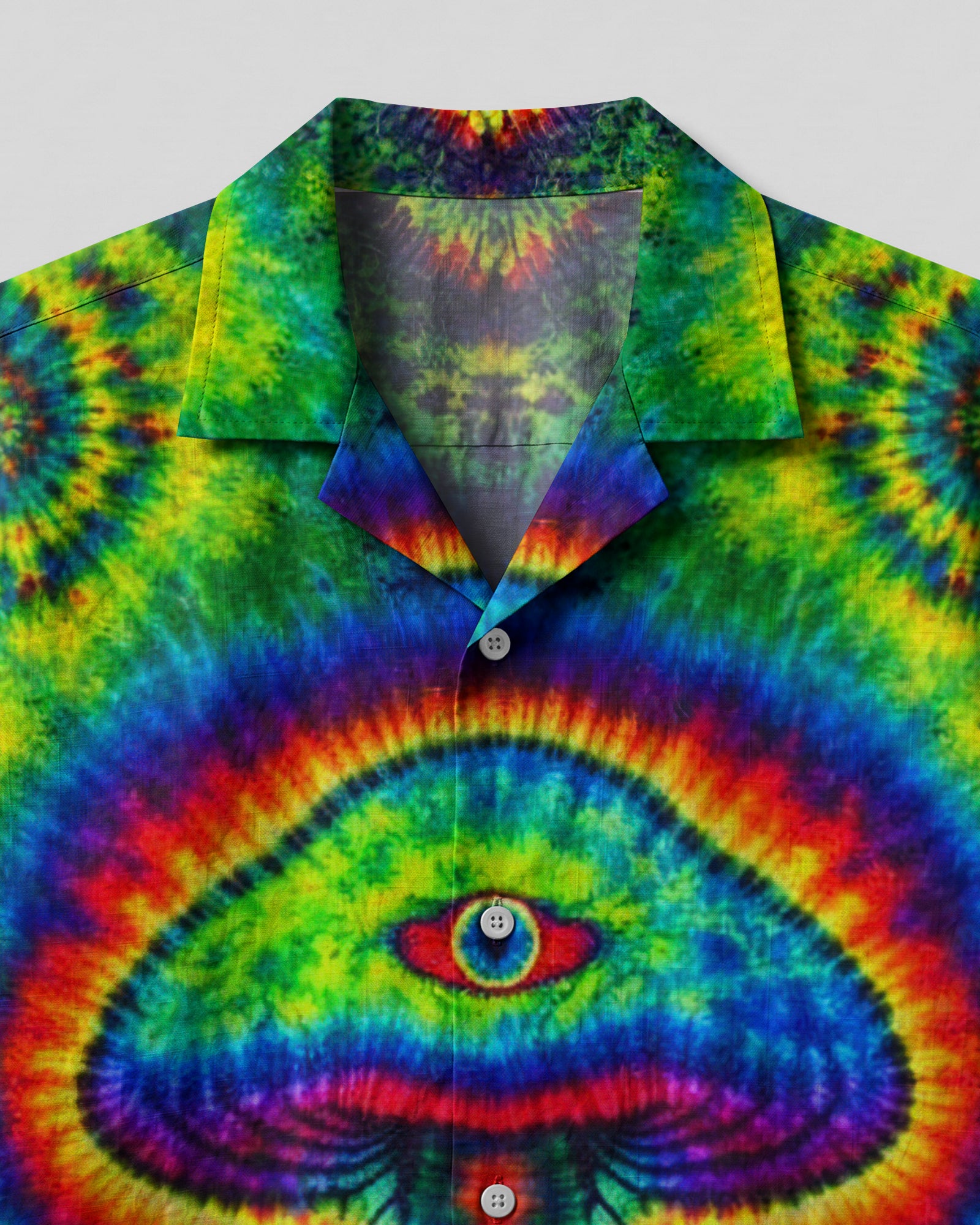 Trippy Mushroom Camp Shirt Lifestyle shot of a model wearing the trippy mushroom camp shirt at a beach, radiating summer vibes.