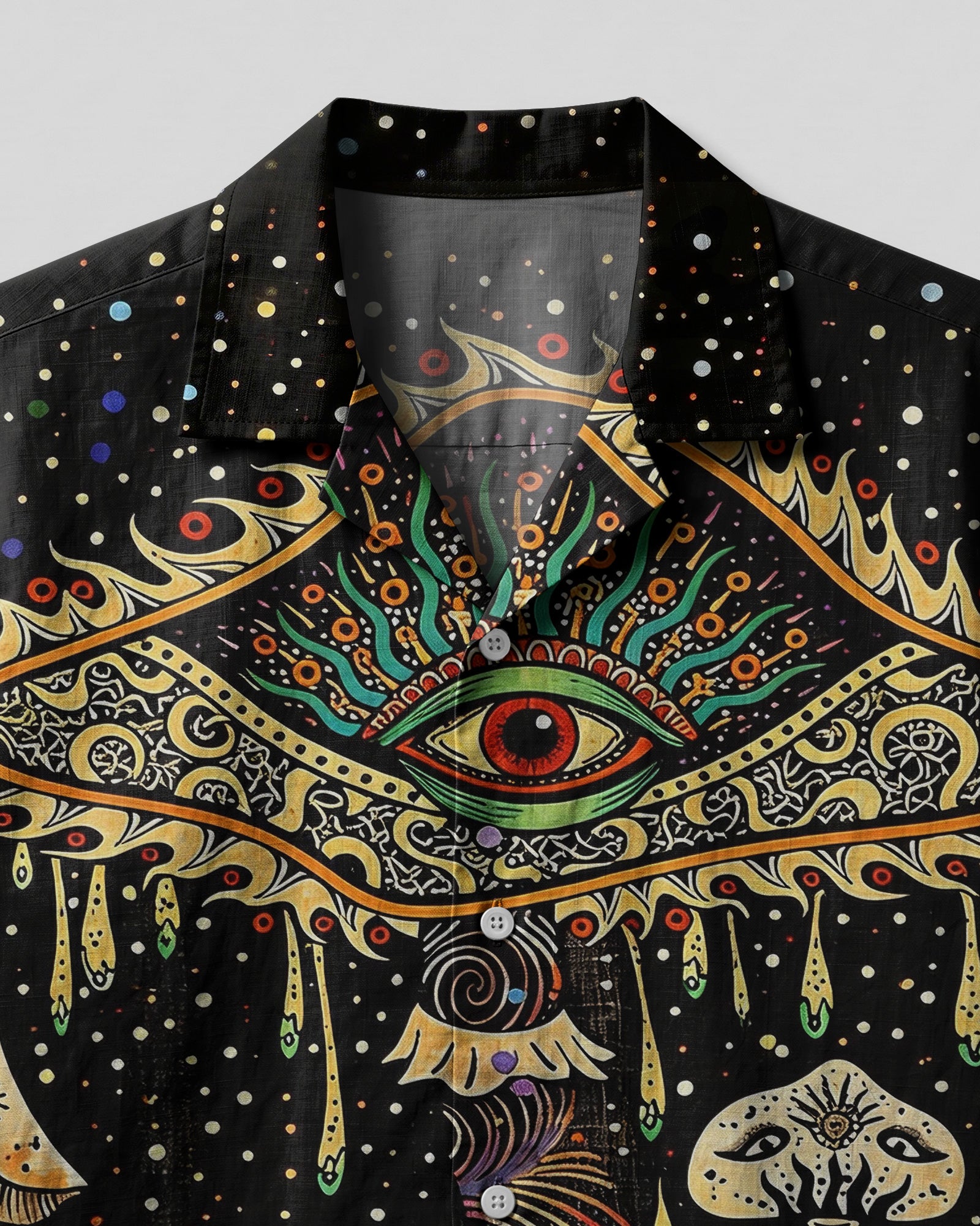 Psychedelic Eyes Mushroom Camp Shirt Close-up detail of the psychedelic eyes mushroom camp shirt highlighting colorful mushroom illustrations and eye motifs.