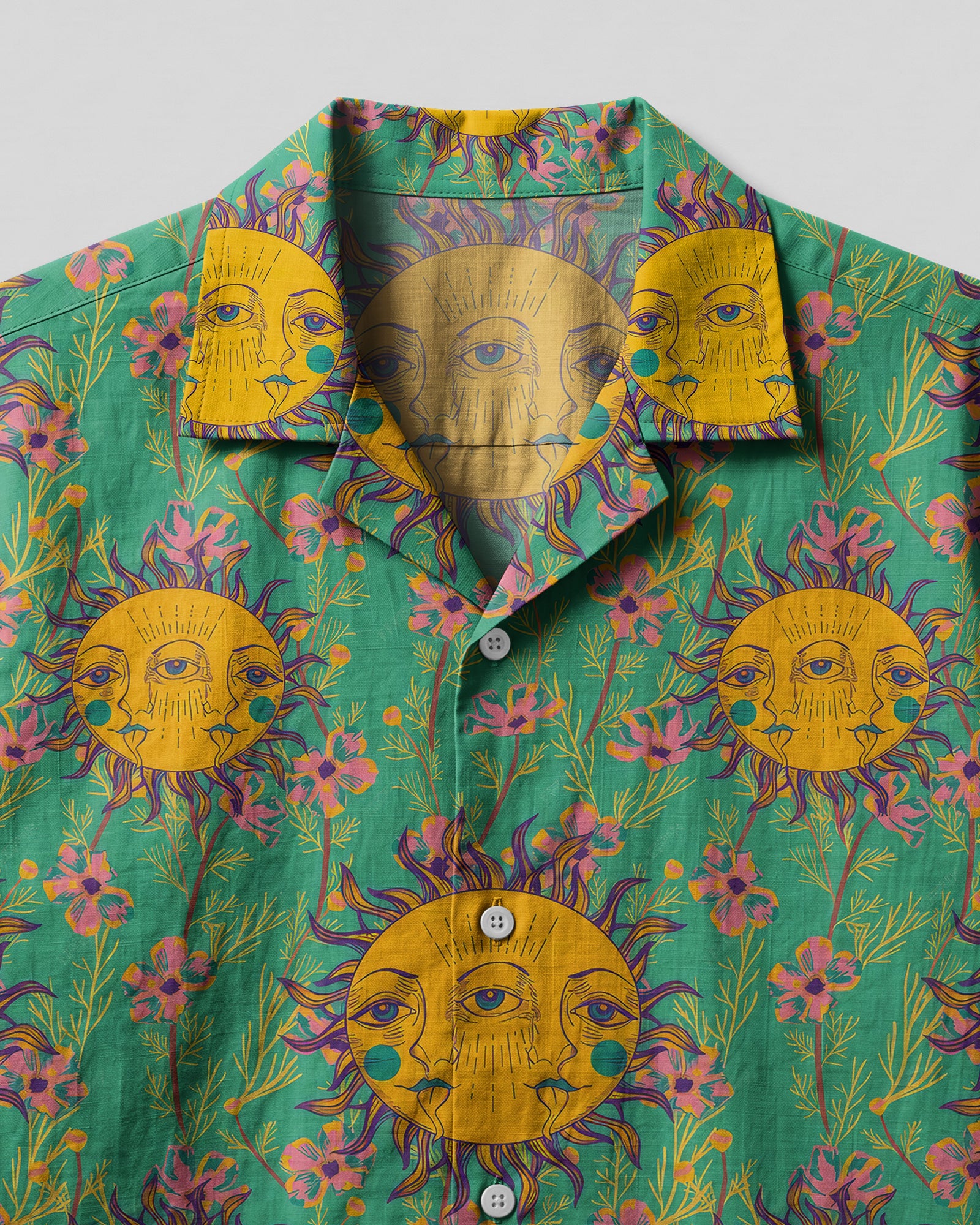 Sunshine Hippie Camp Shirt Close-up detail of the sunshine hippie camp shirt, highlighting the intricate sun motifs and colorful floral accents.