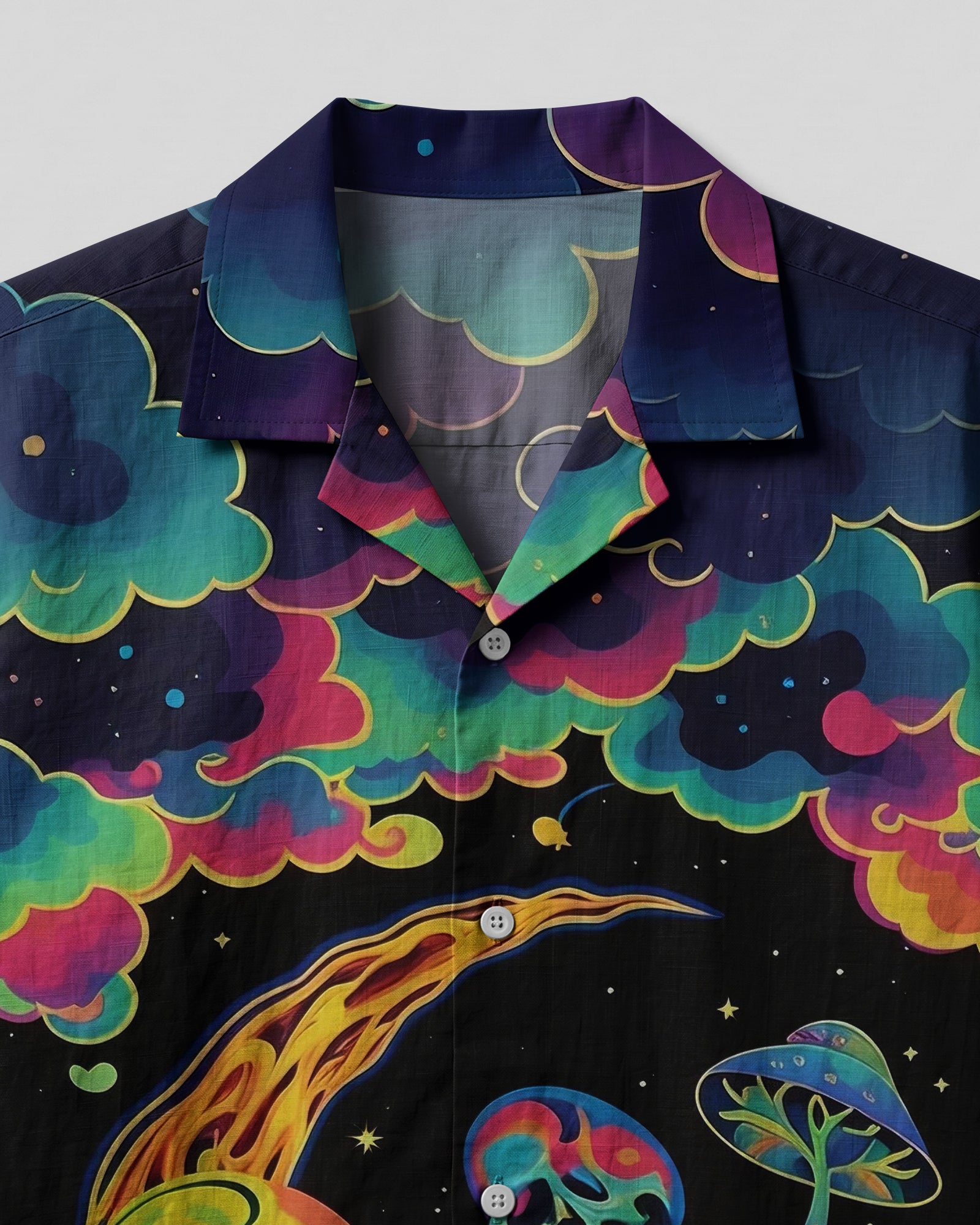 Psychedelic Eyes Mushroom Camp Shirt Close-up detail of the psychedelic eyes mushroom camp shirt highlighting the vivid colors and artistic patterns.
