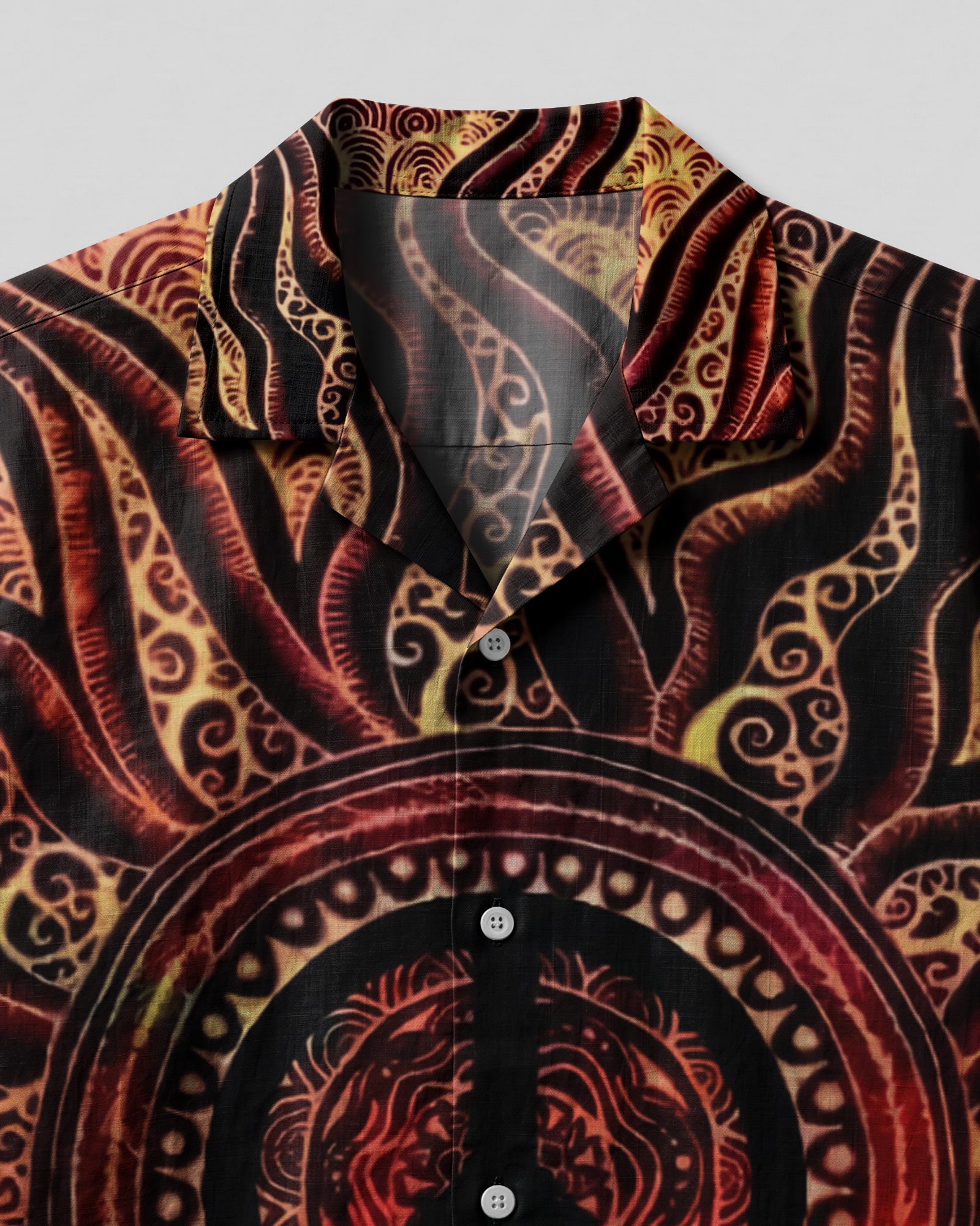 Peace Abstract Camp Shirt | Vibrant Design Close-up detail of the peace abstract camp shirt's unique fabric, highlighting the vivid colors and artistic patterns.