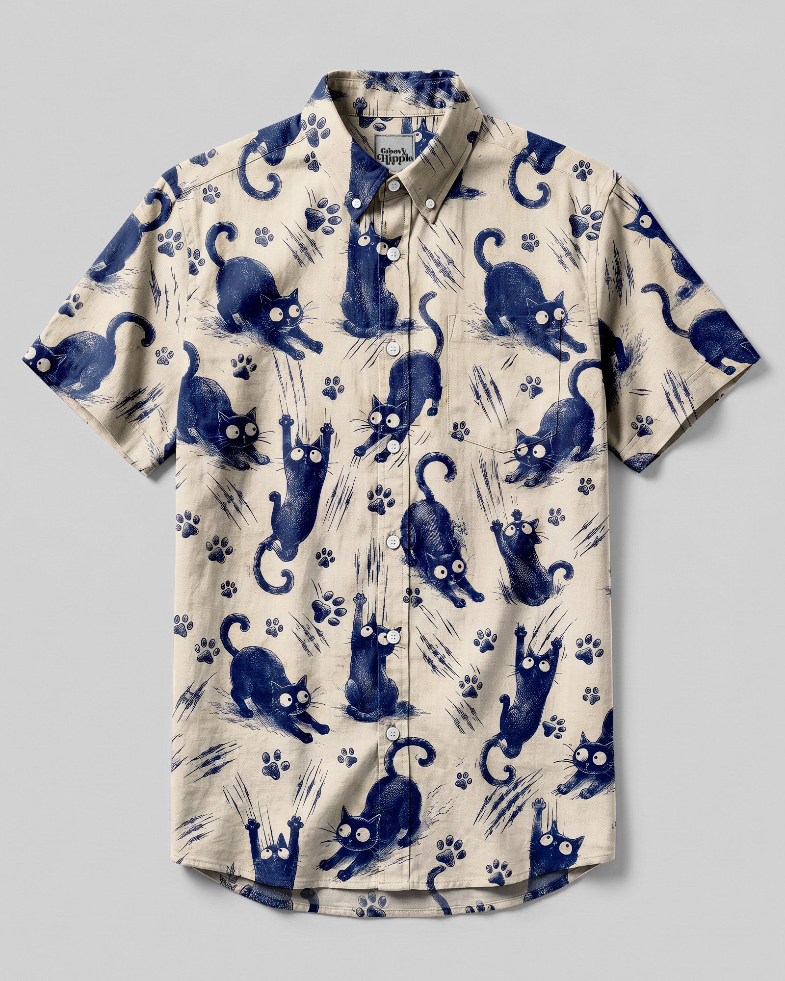 Funny Playful Cat Button-Down Collar Shirt Front view of a funny playful cat button-down shirt featuring a beige background with navy cat designs.