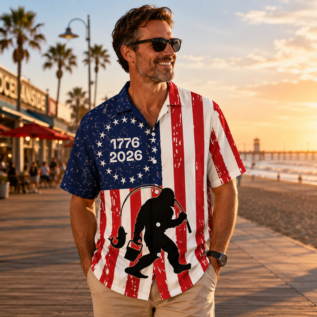 Bigfoot Go Fishing 250 Years of Freedom Hawaiian Shirt Bigfoot Go Fishing 250 Years of Freedom Hawaiian Shirt - Image 3